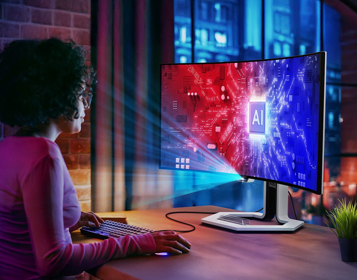 Monitor Lenovo Legion Pro 34WD-10 na biurku, pokazana funkcja inteligentnego wykrywania obecności człowieka przed monitorem