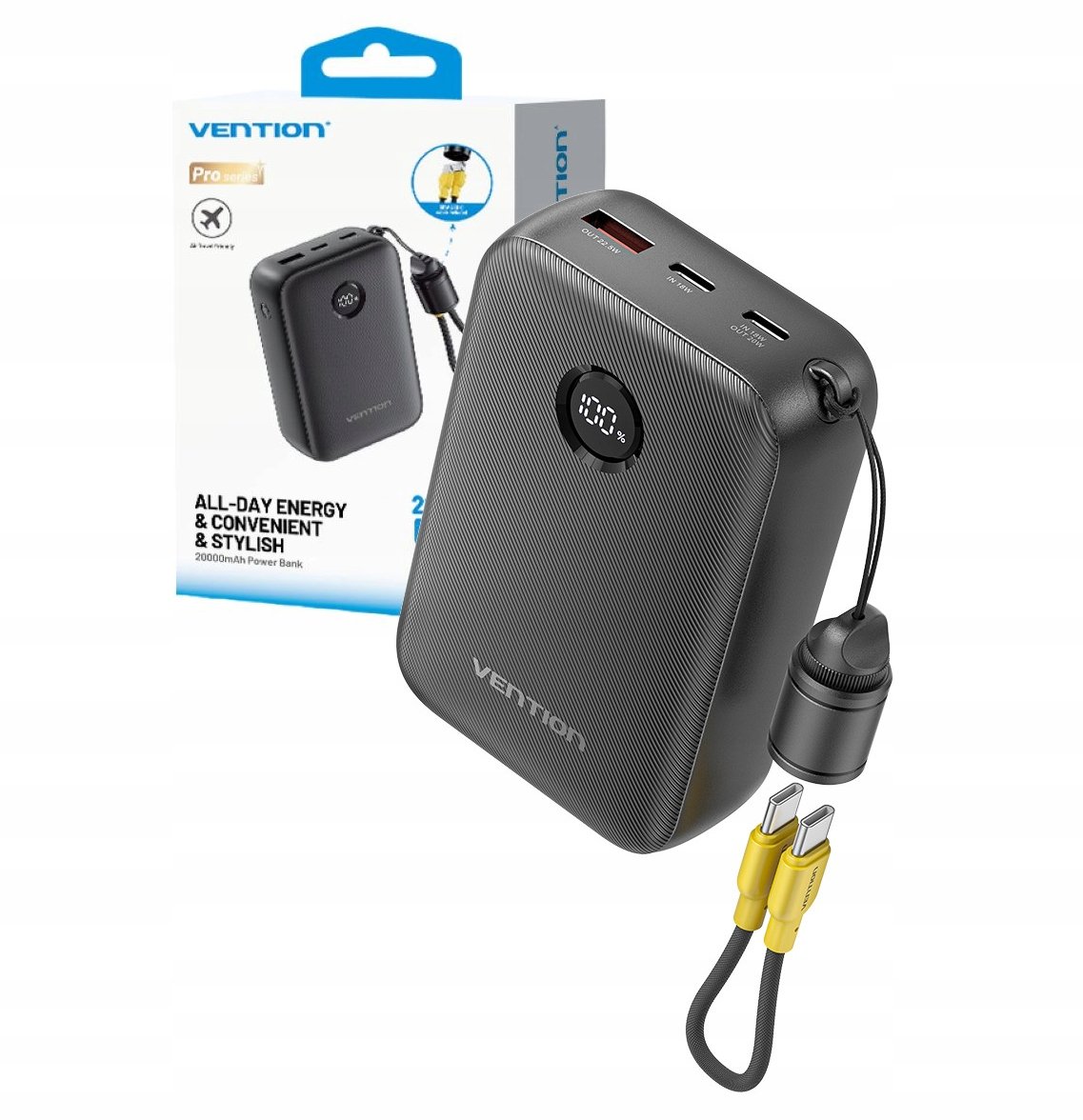 Powerbank Vention 20000mAh 2 x USB-C 1x USB-A z wyświetlaczem 22,5W czarny – Niezawodne źródło energii