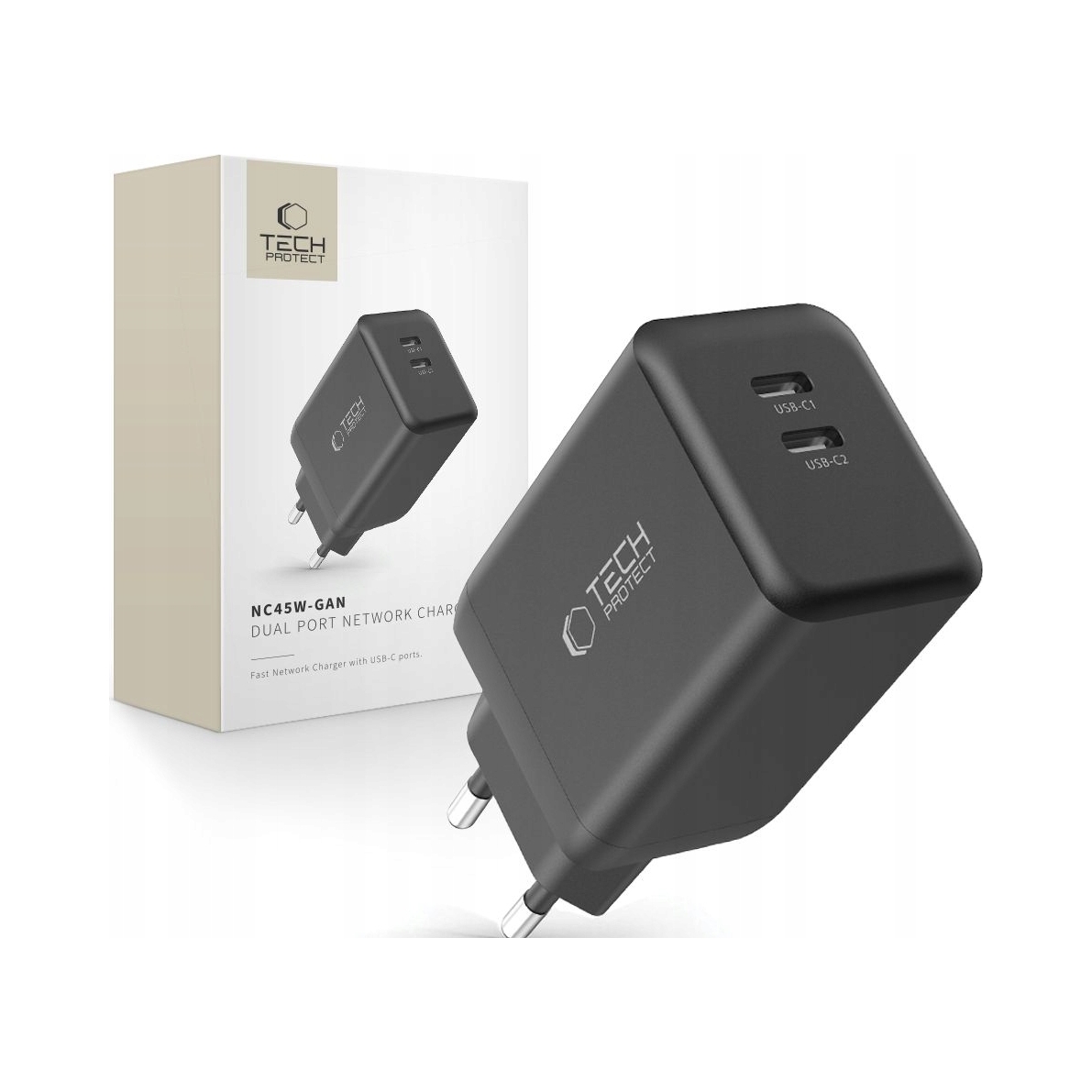 Ładowarka sieciowa Tech-Protect NC45W-GAN 2xUSB-C PD45W Czarna – Szybkie i bezpieczne ładowanie