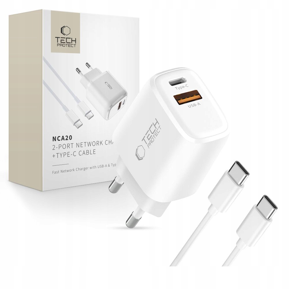 TECH-PROTECT NCA20 2-PORT NETWORK CHARGER PD 20W / QC3.0 + KABEL TYPE-C - Wydajna ładowarka do urządzeń mobilnych