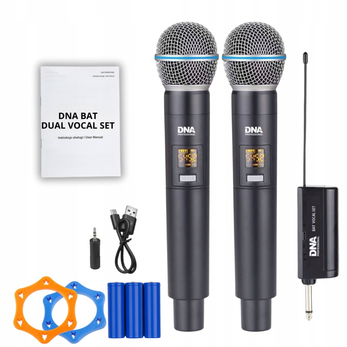 W zestawie: mikrofony, odbiornik i akcesoria