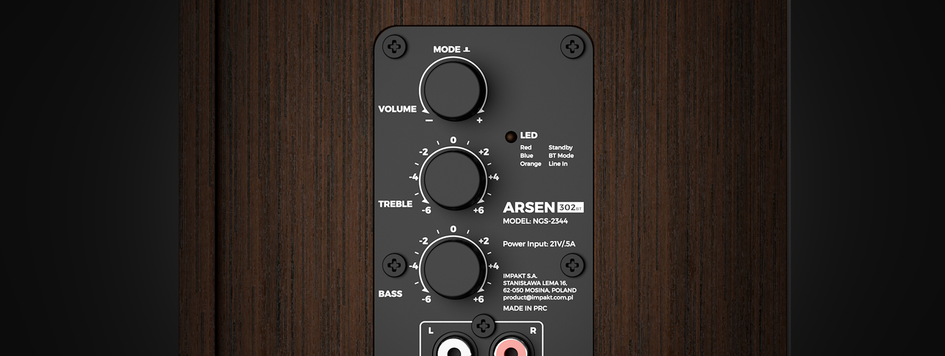 Panel sterowania głośników Genesis Arsen 302BT 2.0 z pokrętłami głośności, tonów wysokich i niskich oraz wskaźnikiem LED