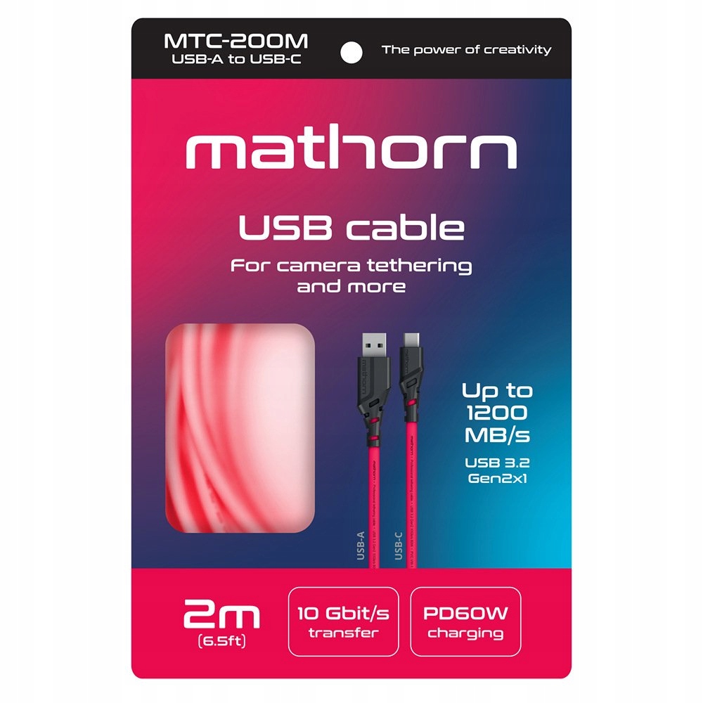 Kabel fotograficzny Mathorn MTC-200M 2m 10Gbps PD60W USB A-C Magenta – Idealny do profesjonalnego tetheringu