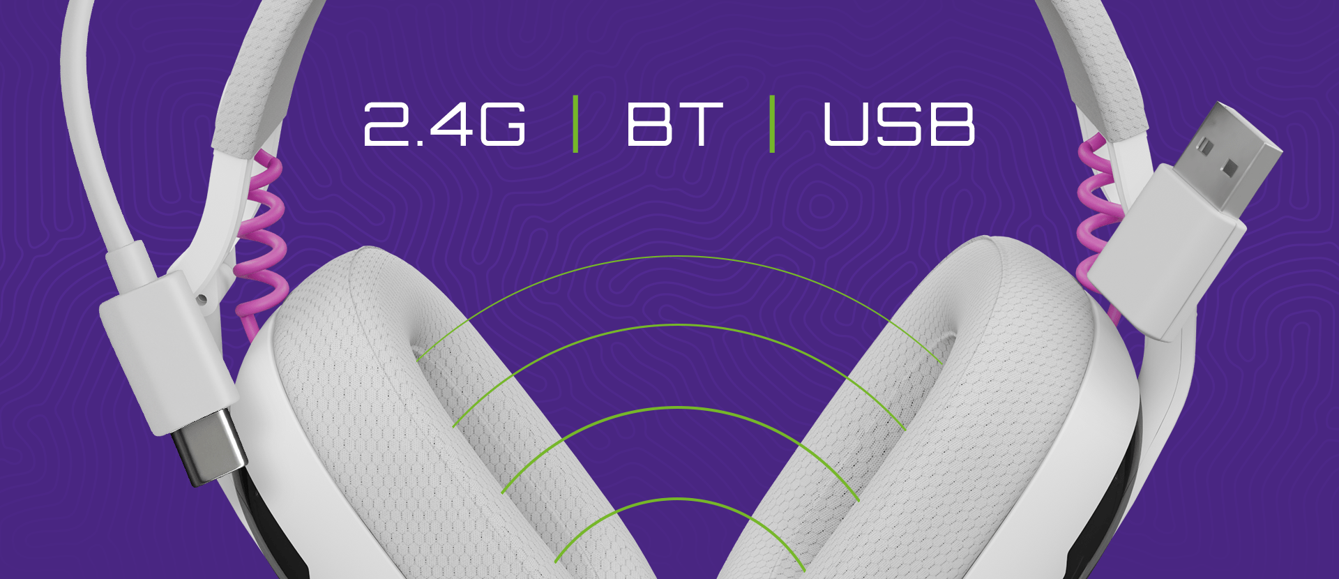 Białe bezprzewodowe słuchawki nauszne z mikrofonem, wyposażone w opcje łączności 2.4G, Bluetooth i USB