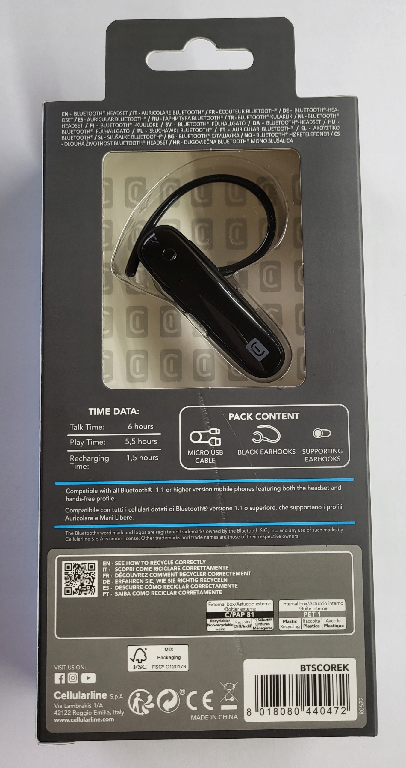 W zestawie: słuchawka mono, kabel do ładowania i zapasowe końcówki douszne