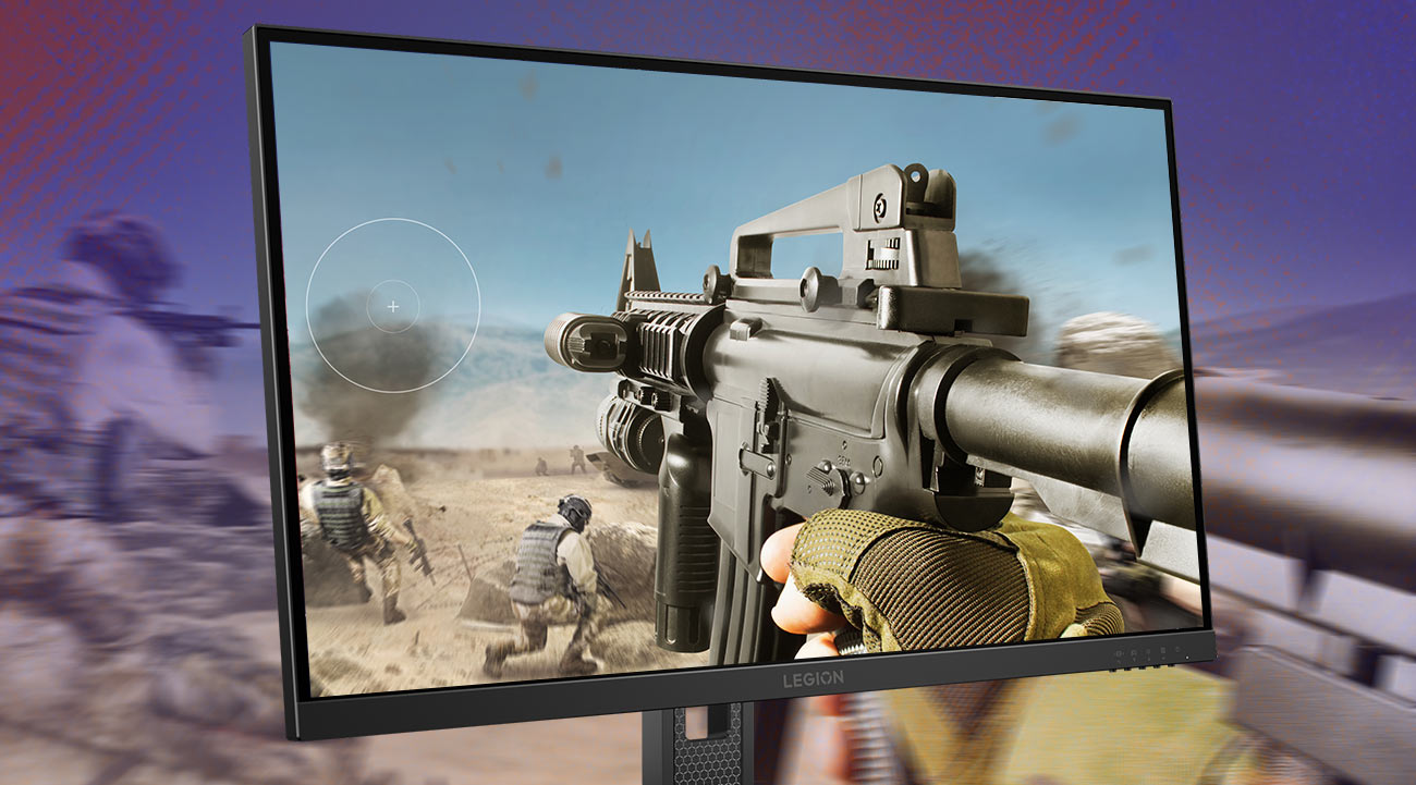 Na ekranie monitora Lenovo Legion 27-10 scena z wojennej gry komputerowej
