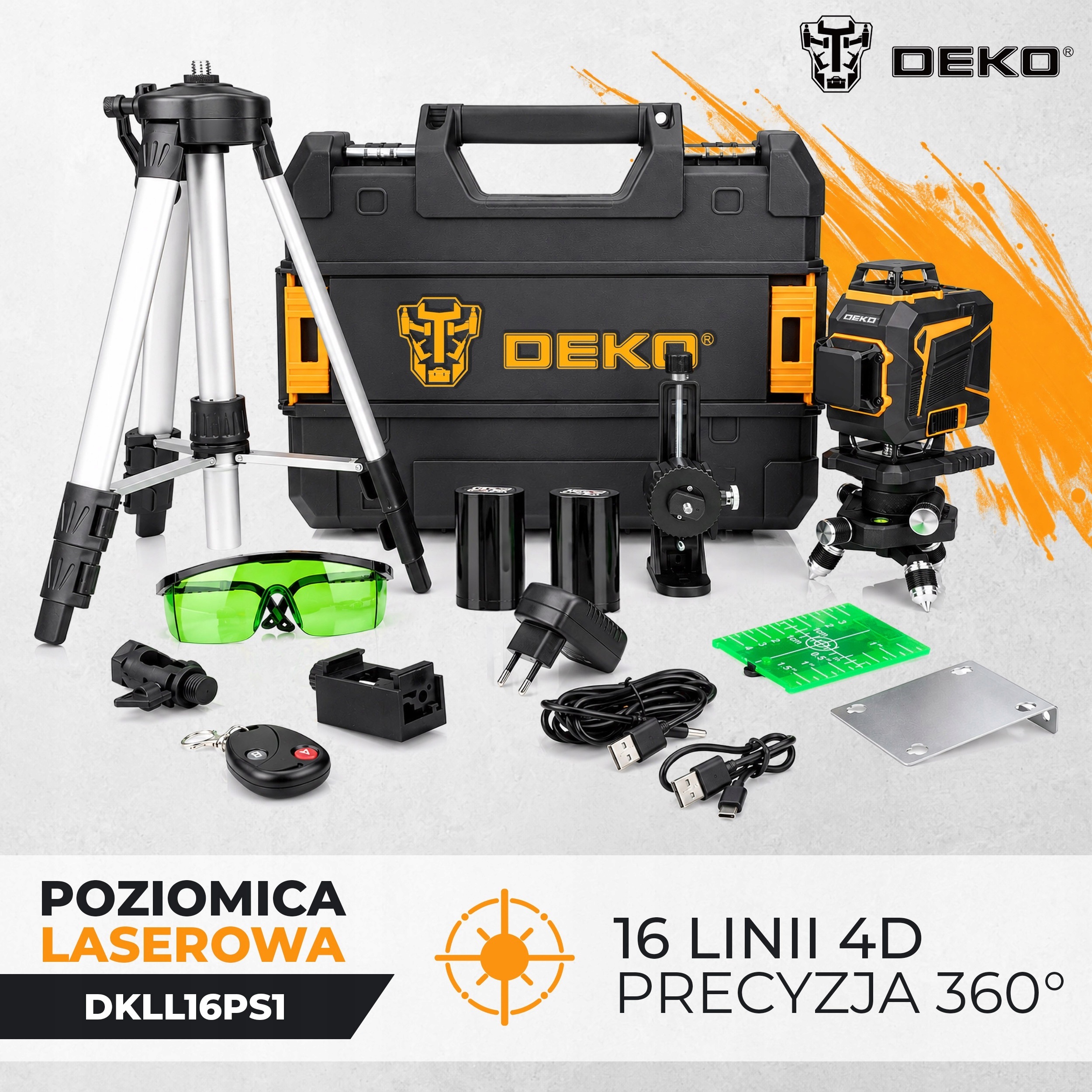 Poziomica laserowa 360 płaszczyznowa 4D laser krzyżowy Pro zielony DEKO DKLL16PS1-B
