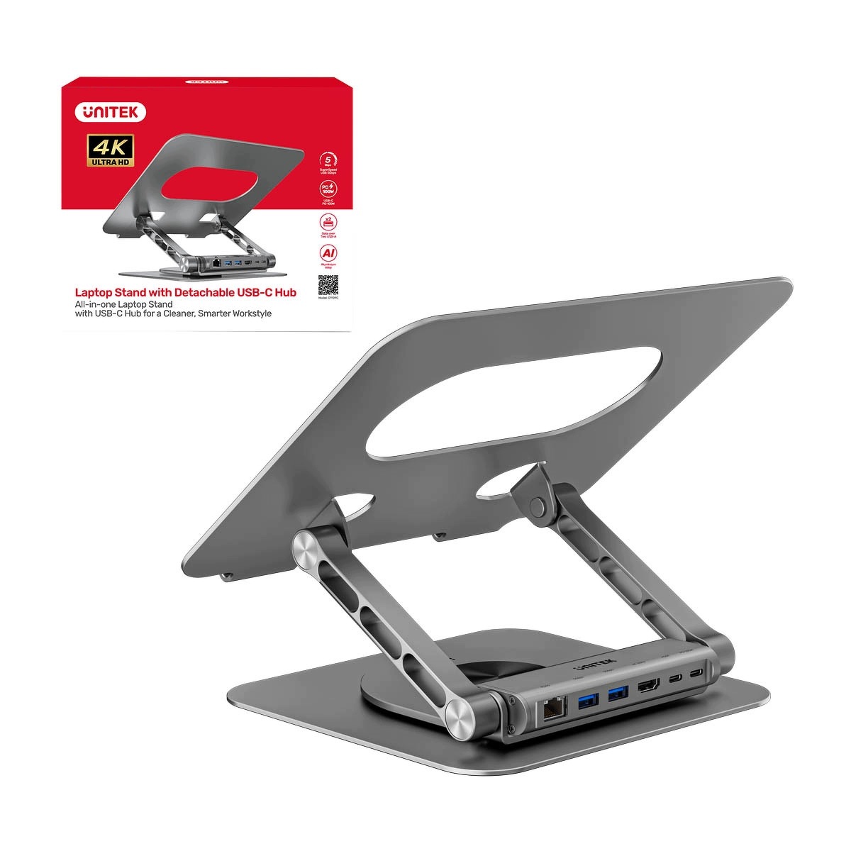 Podstawka pod laptopa z odłączanym hubem USB-C 5 w 1 – Unitek D1109CGY01