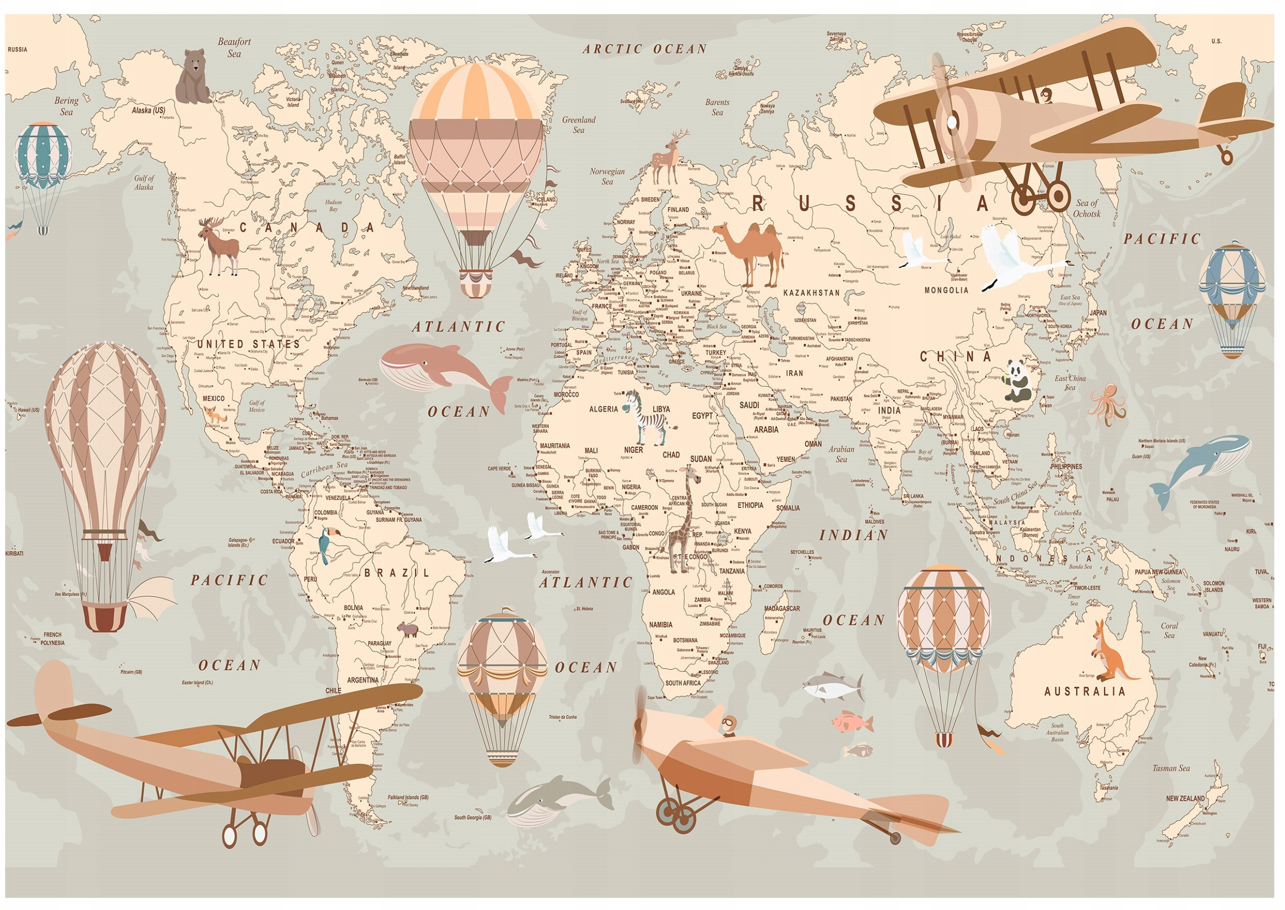 Fototapeta dla dzieci Mapa Świata Zwierzęta – Kolorowa dekoracja do pokoju