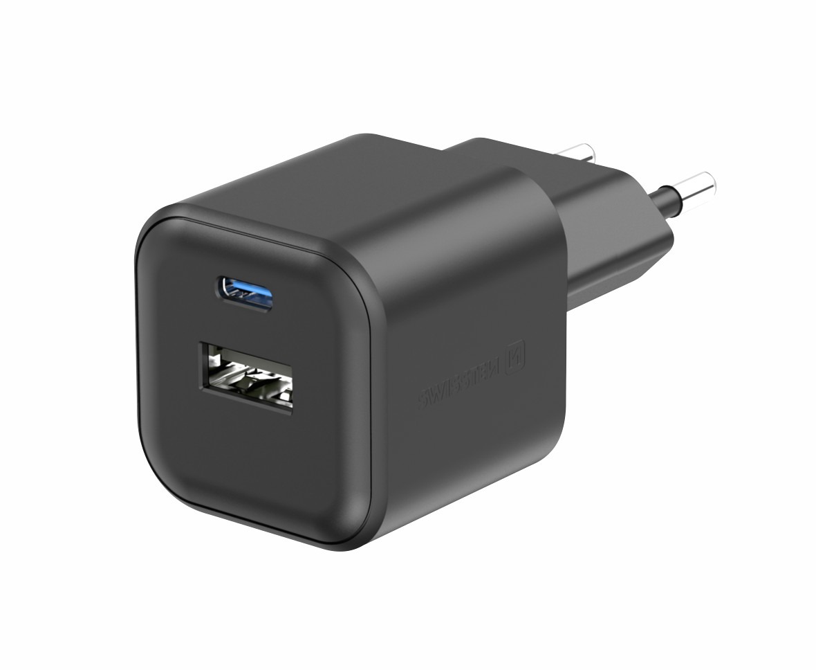 Swissten Travel Charger GaN USB-C 20W PD / USB-A 18W QC – Szybkie i efektywne ładowanie