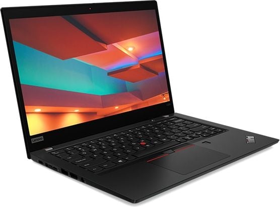 Lenovo ThinkPad X395 laptop open 90 degrees and angled slightly to show left side ports.