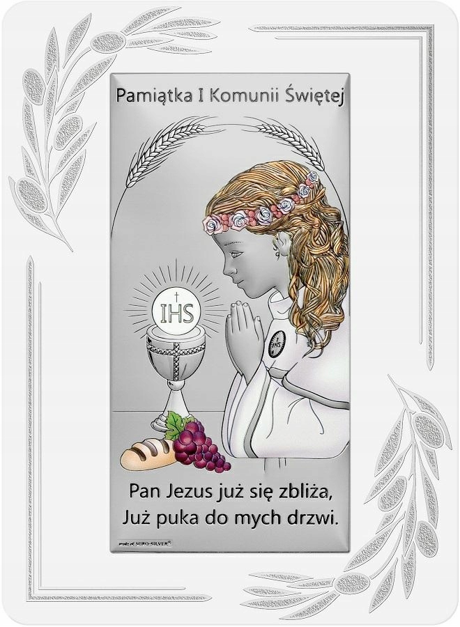 Pamiątka I Komunii Świętej – Srebrny obrazek dla dziewczynki 13 x 18 cm