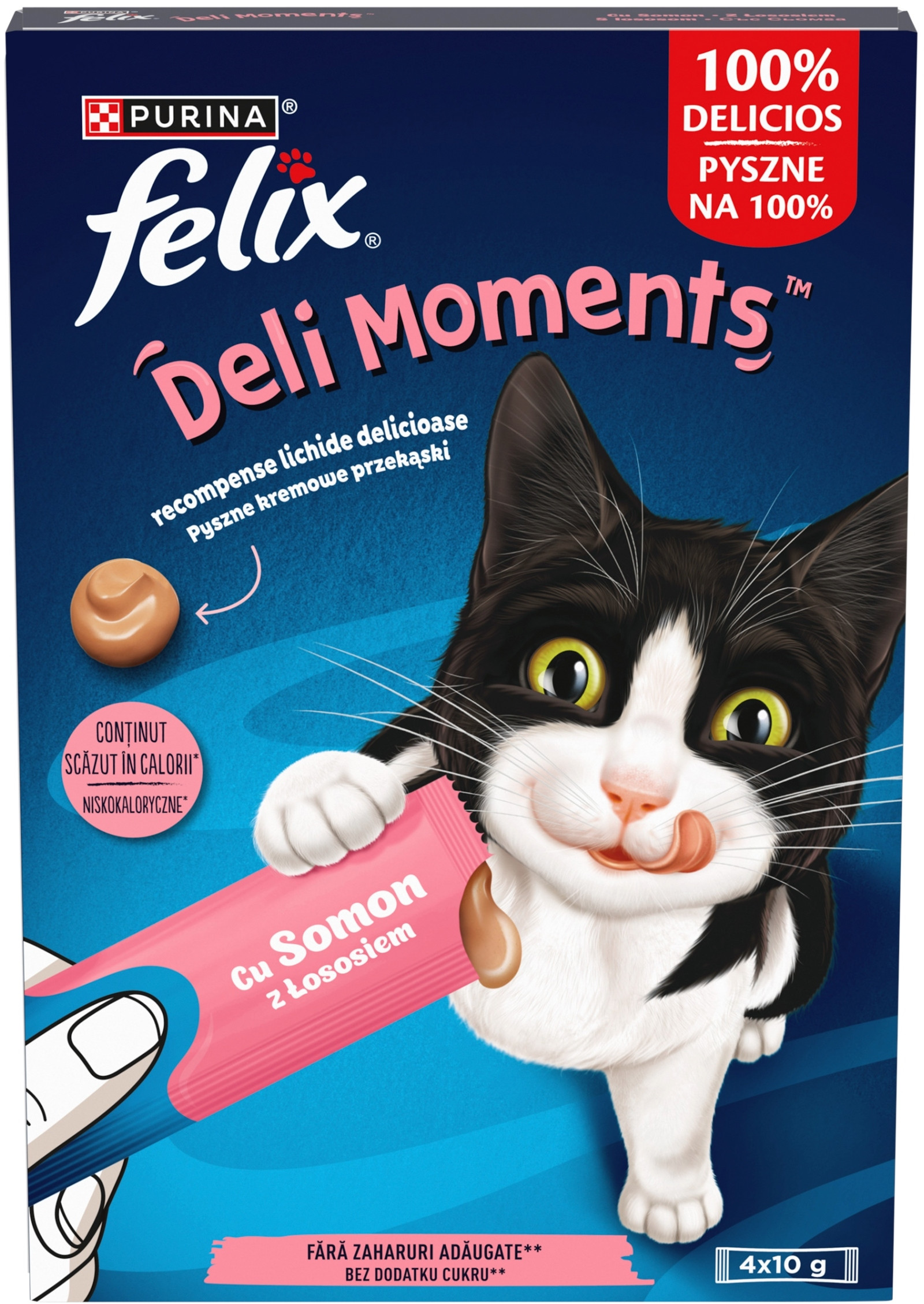 Felix Deli Moments Kremowe przekąski dla kotów z łososiem 4 x 10 g – Smakowita przyjemność dla Twojego pupila