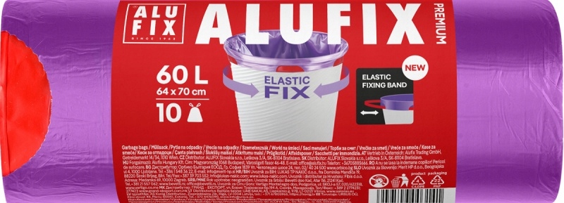 Worki na śmieci Alufix Elastic Fix, LDPE, 64x70cm, 60l, 10 szt., fioletowe – Idealne do użytku domowego