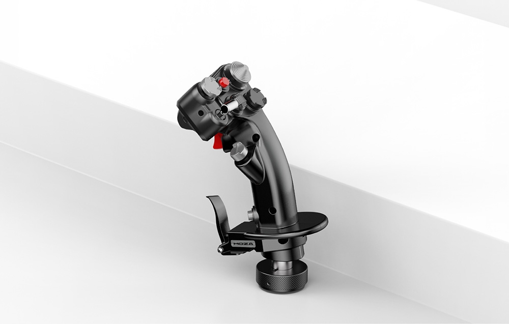 Drążek sterowy MOZA Flightstick w ujęciu pod kątem na jasnym tle, widoczne logo marki na podstawie urządzenia.
