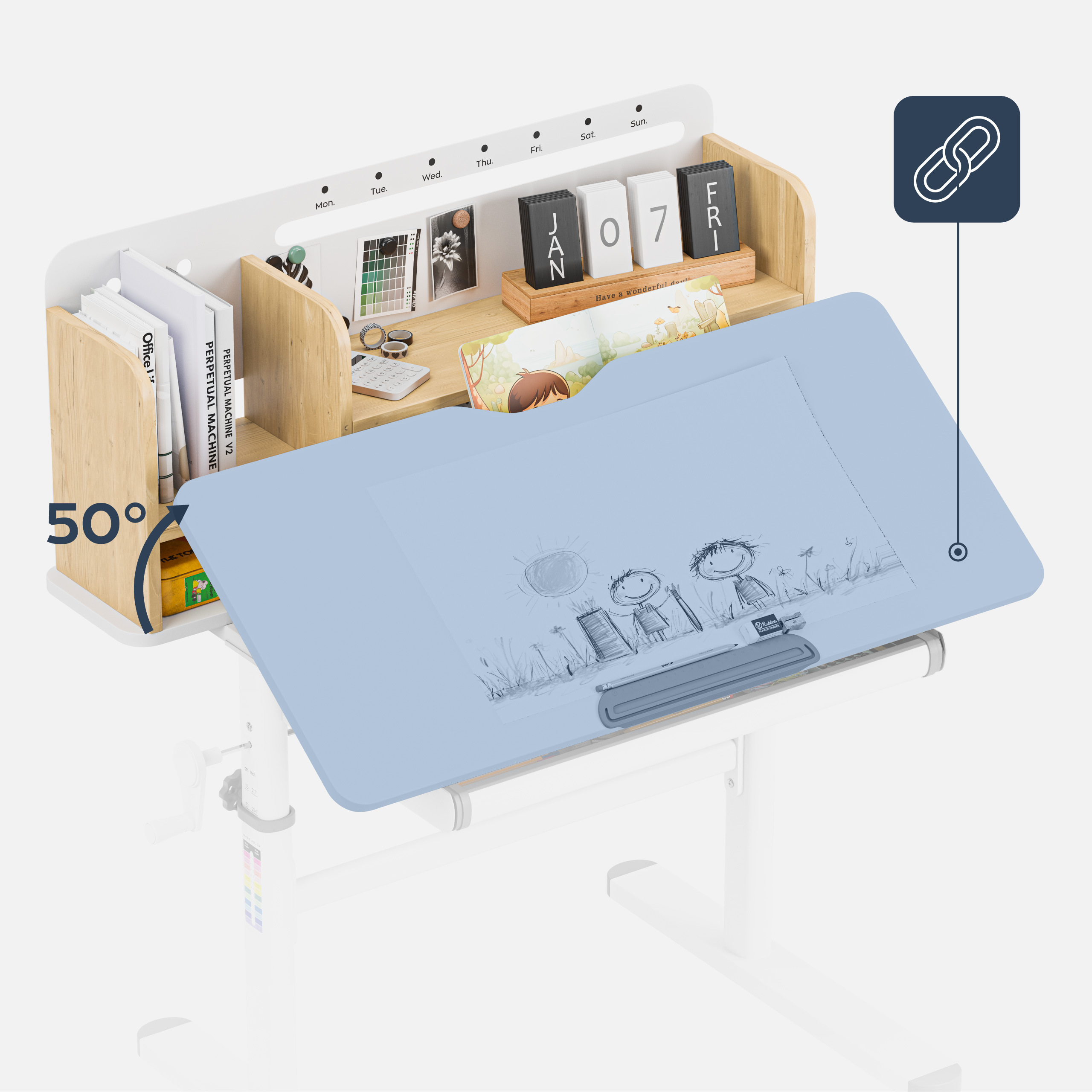 Pochylenie blatu do 50° – Wygodne rysowanie, pisanie i czytanie