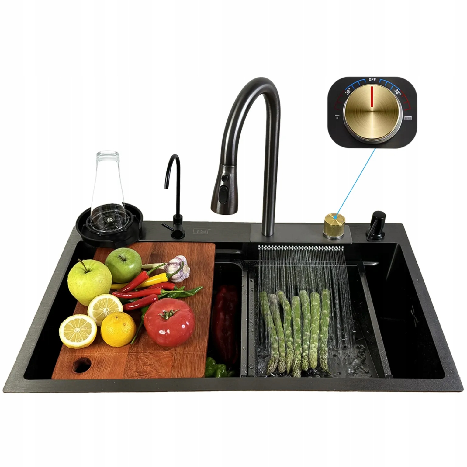 Zlewozmywak KUCHENNY JEDNOKOMOROWY z WODOSPADEM WIELOFUNKCYJNYM + BATERIA – Nowoczesność i funkcjonalność w Twojej kuchni