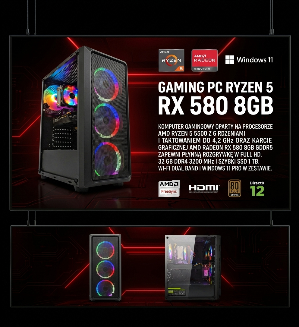 PC GAMINGOWY Ryzen 5 5500 RX 580 8GB 32GB DDR4 RAM 1TB SSD +Wi-Fi +WIN11