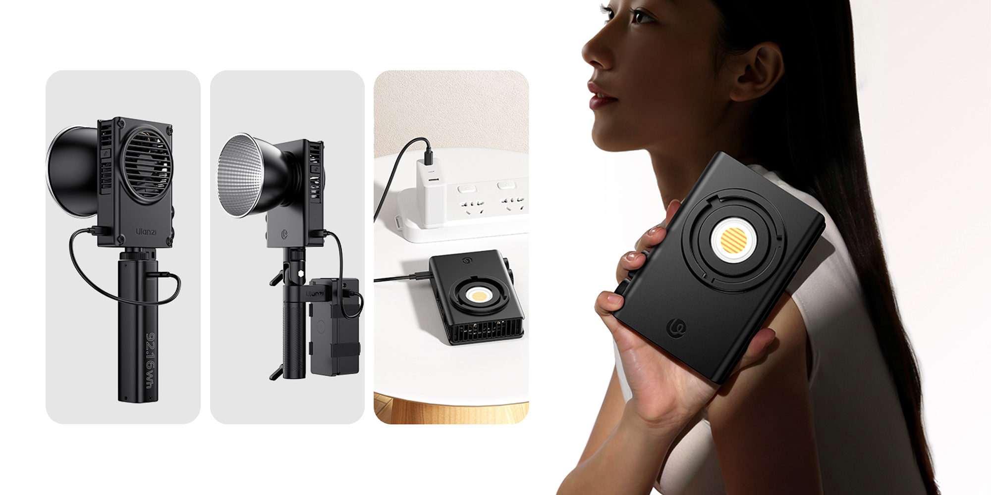 width=100% Lampa LED Ulanzi C01 - WB (2700 K - 6500 K) zaprezentowana z różnymi źródłami zasilania i kobieta trzymająca ją w dłoni