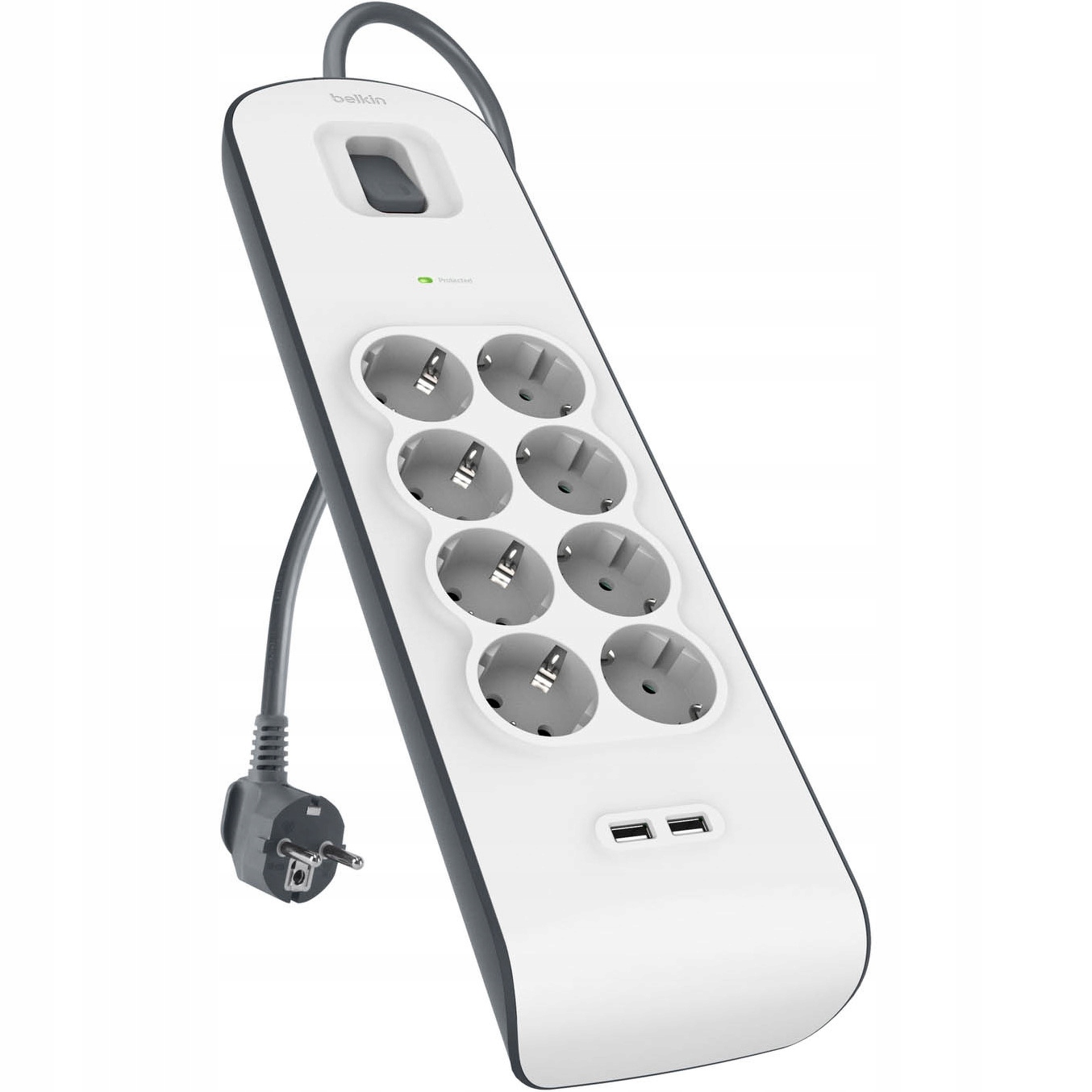 Belkin Listwa zasilająca przeciwprzepięciowa 900J, 8 gniazd Schuko, 2x USB-A, 2m – Bezpieczne zasilanie dla Twojej elektroniki
