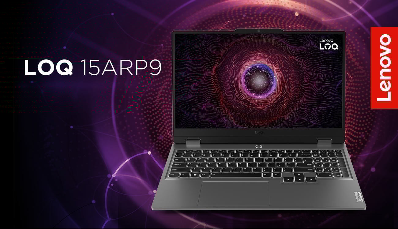 Otwarty laptop LOQ 15ARP9 z kolorową tapetą na ekranie 