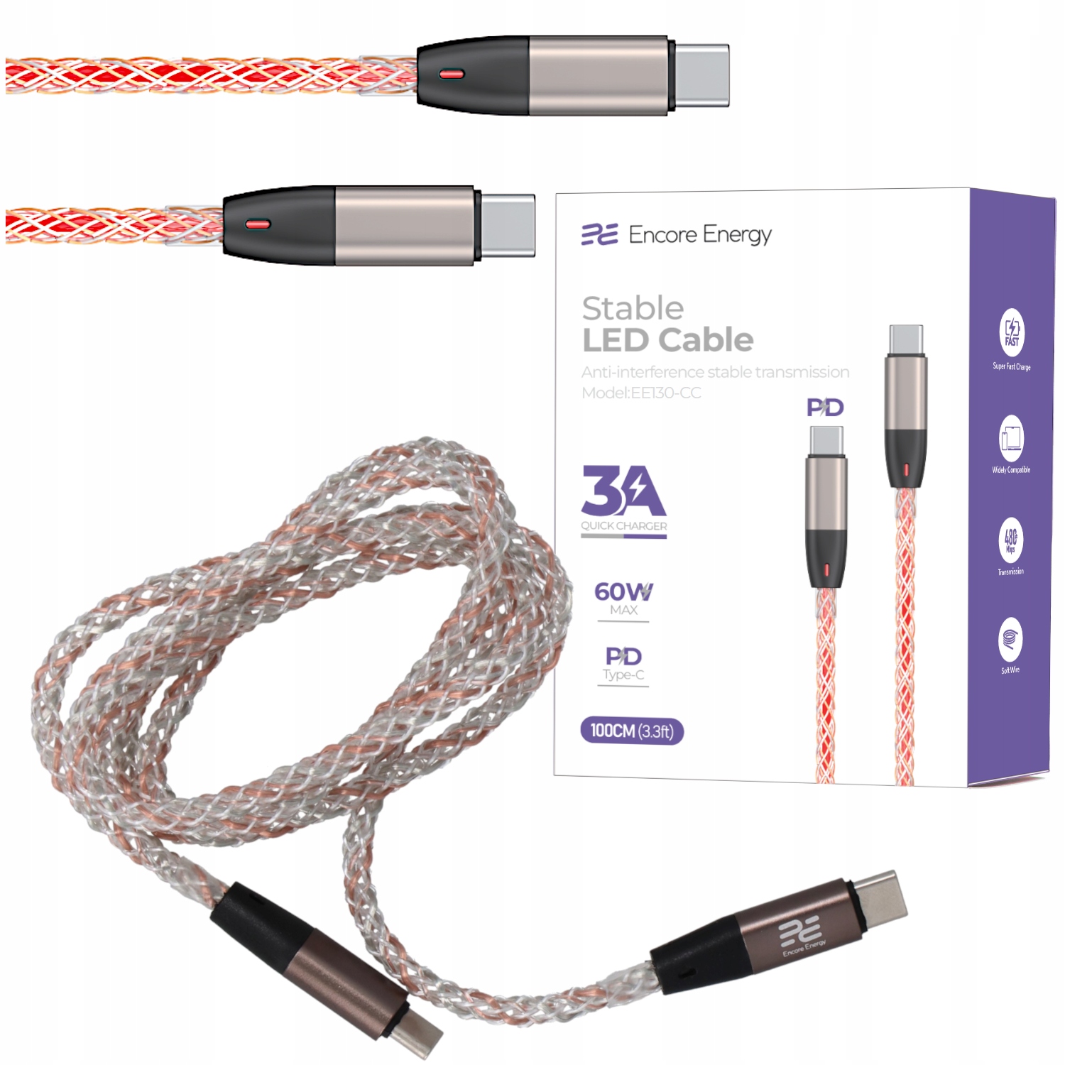Podświetlany kabel Encore Energy RGB USB-C x2 QC PD 3A 60W – Idealny do ładowania i transferu danych