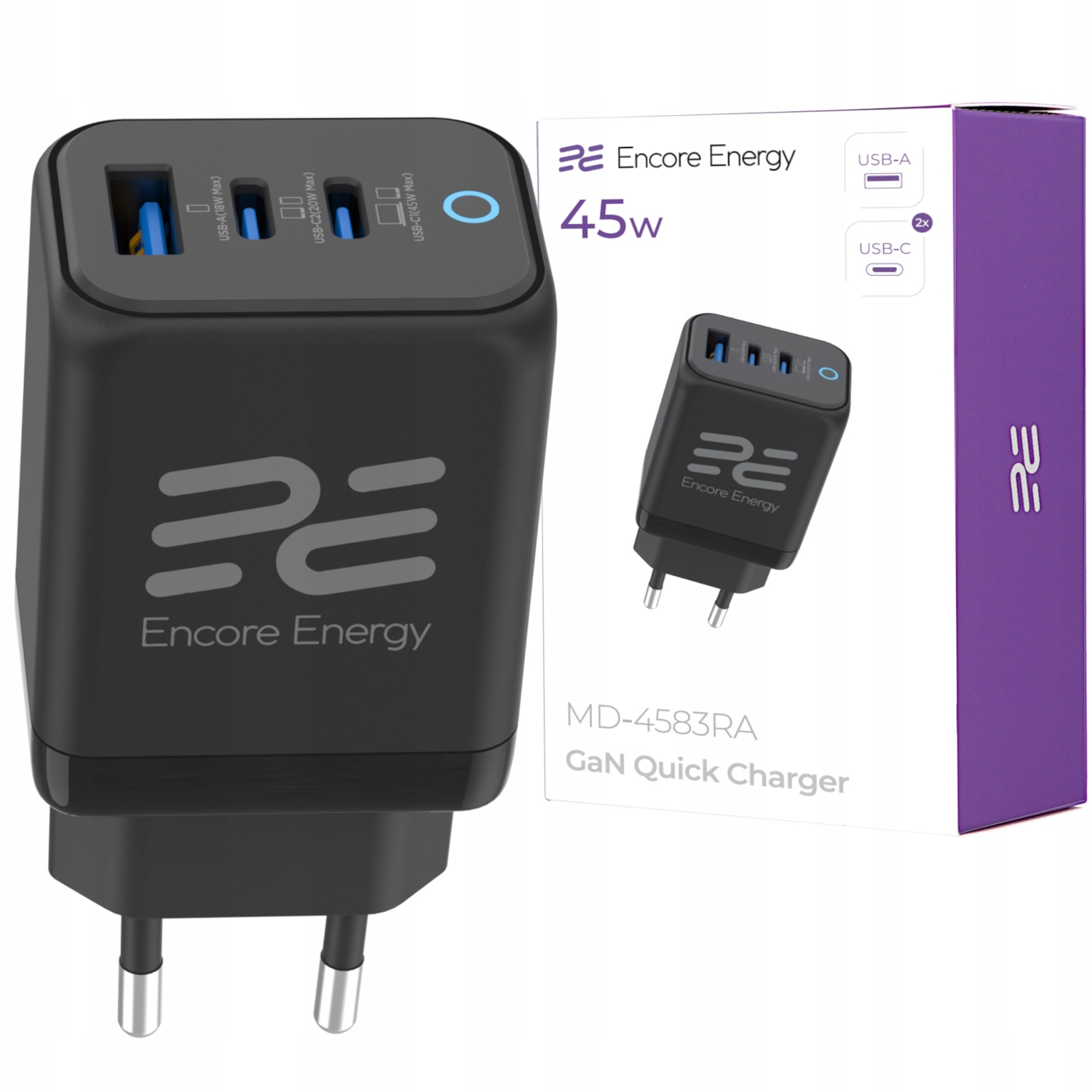 Ładowarka sieciowa GaN 45W USB-A + 2x USB-C QC PPS PD Encore Energy MD-4583RA – Szybkie ładowanie dla wielu urządzeń