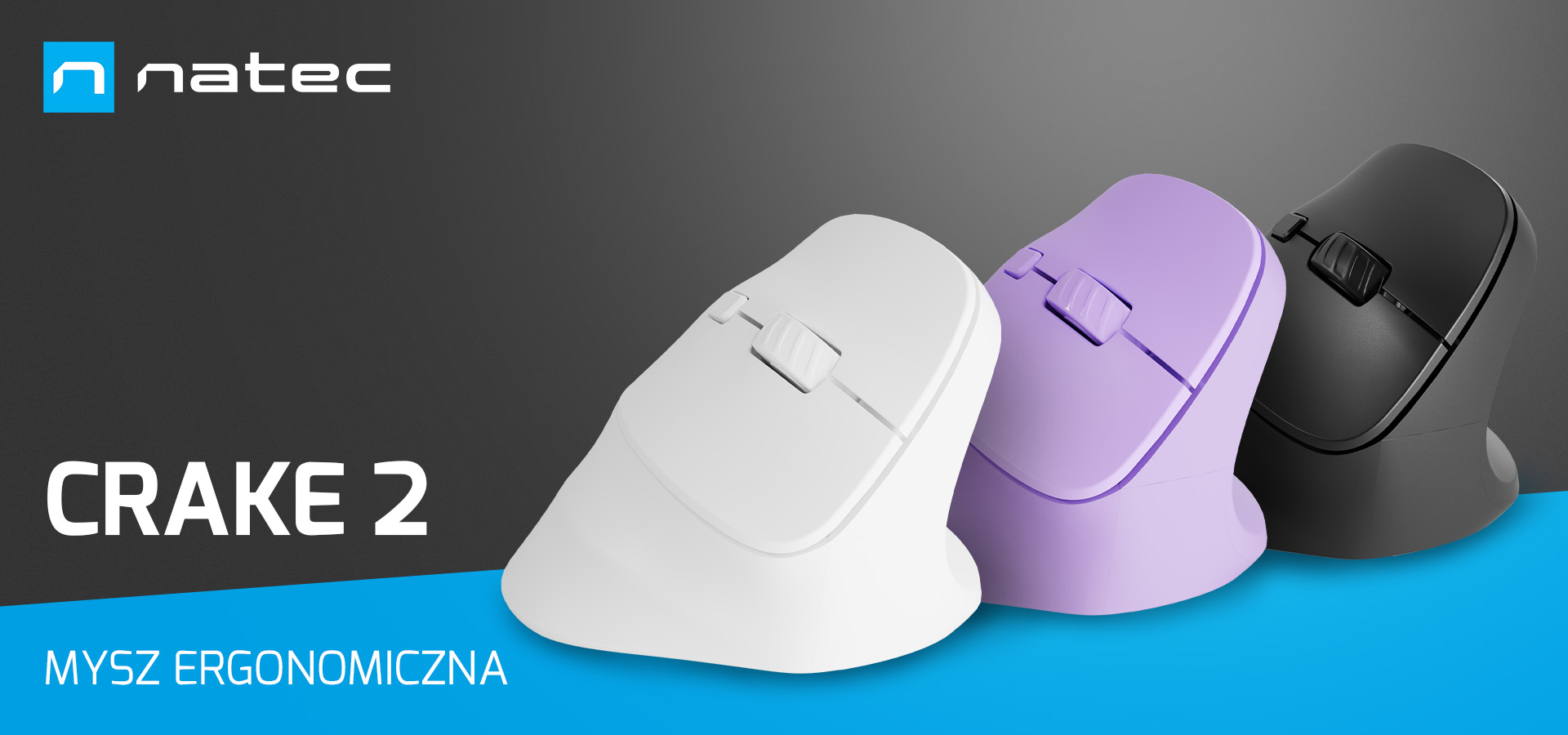 Ergonomiczna mysz bezprzewodowa w trzech kolorach: białym, fioletowym i czarnym na czarno-niebieskim tle.