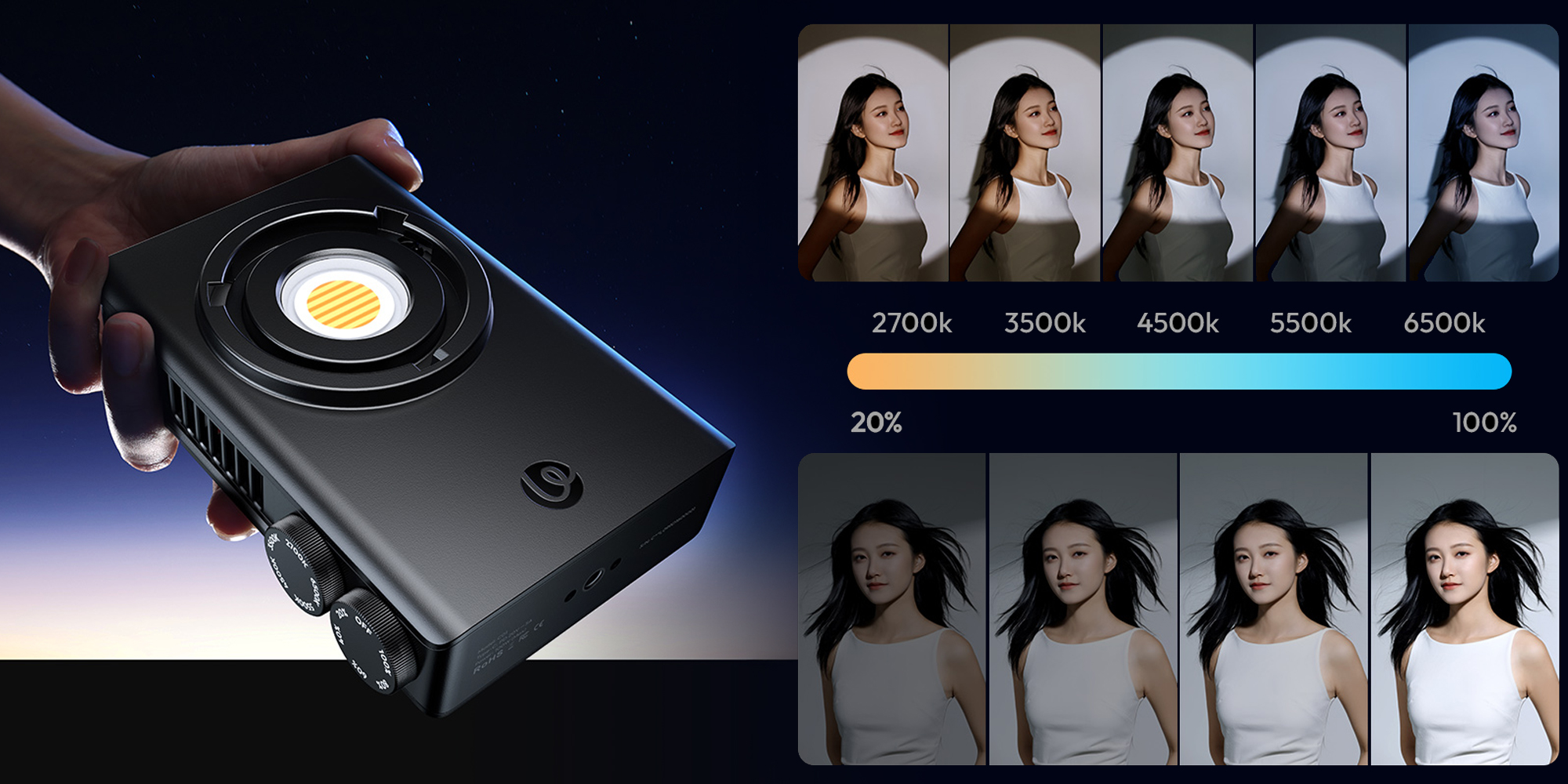 width=100% Lampa LED Ulanzi C01 - WB (2700 K - 6500 K) trzymana w dłoni oraz prezentacja różnych temperatur barwowych i mocy