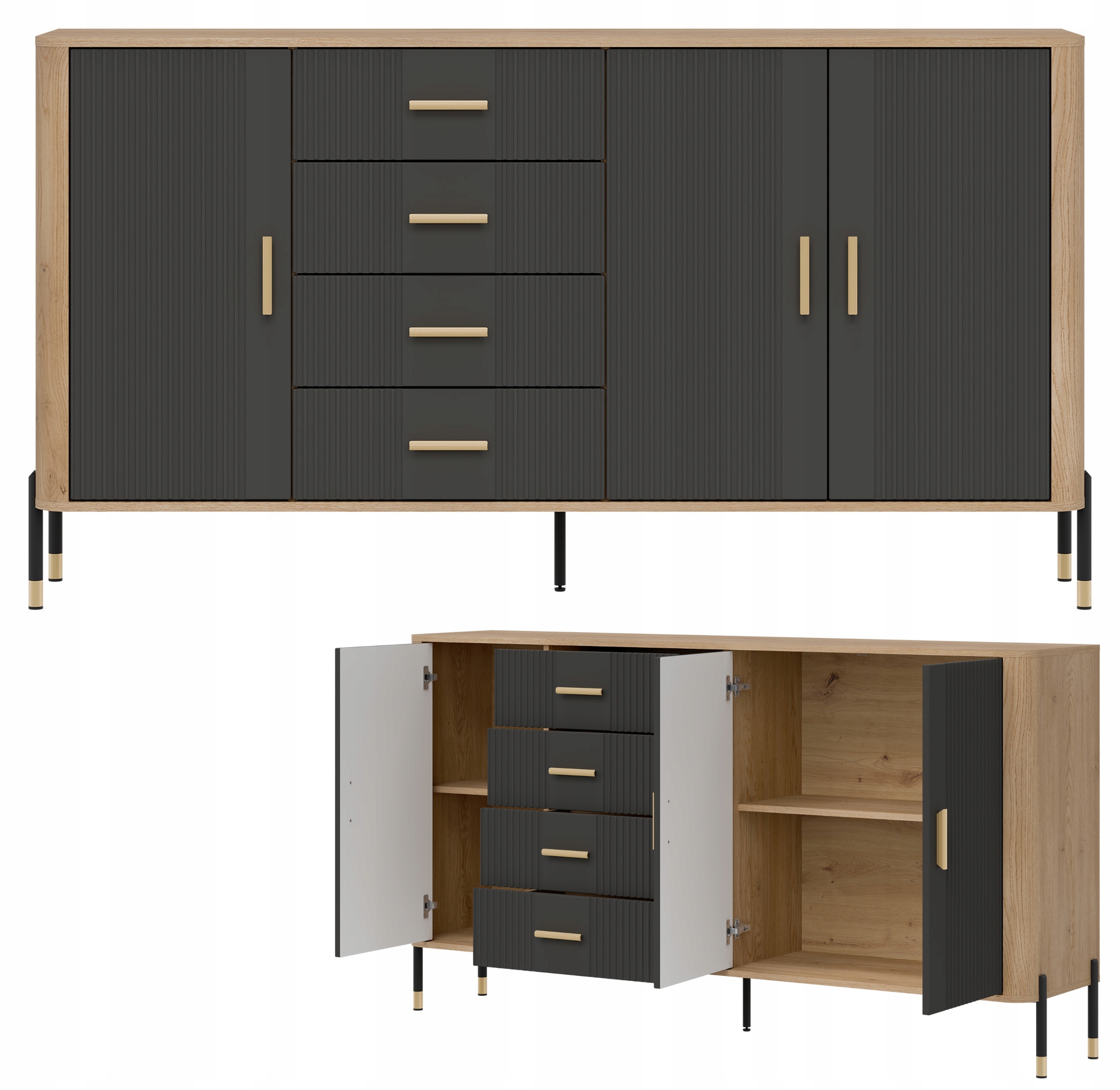 Komoda Szafka trzydrzwiowa z 4 szufladami Dąb Antracyt Czarny DANTE DT10 – Elegancja i funkcjonalność w Twoim wnętrzu