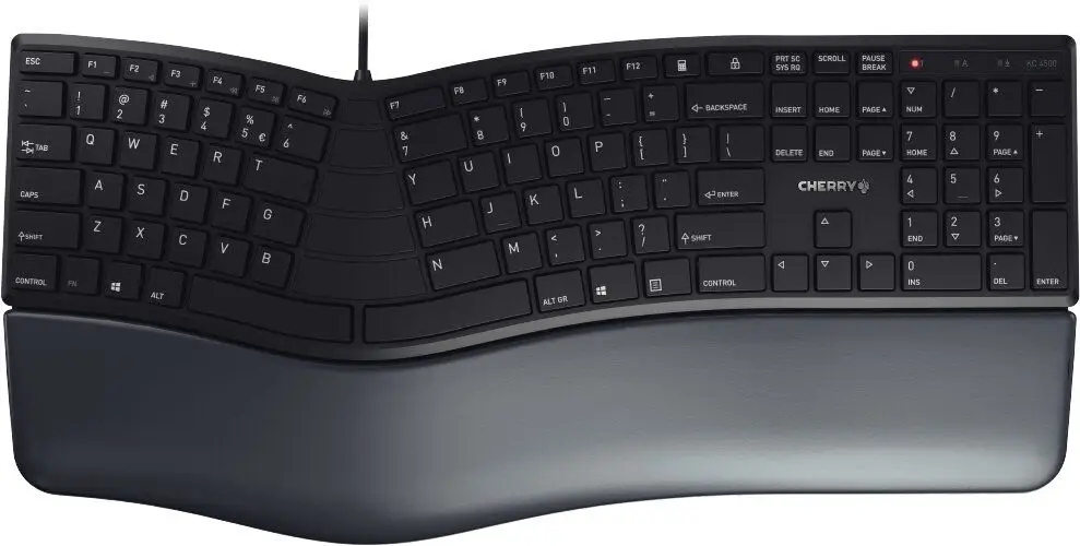 CHERRY KC 4500 ERGO – Ergonomisch Bedraad Toetsenbord, QWERTY (EU), Met Memory Foam Polssteun, Gebogen Lay-out, Zwart, USB-kabel 1,8 M