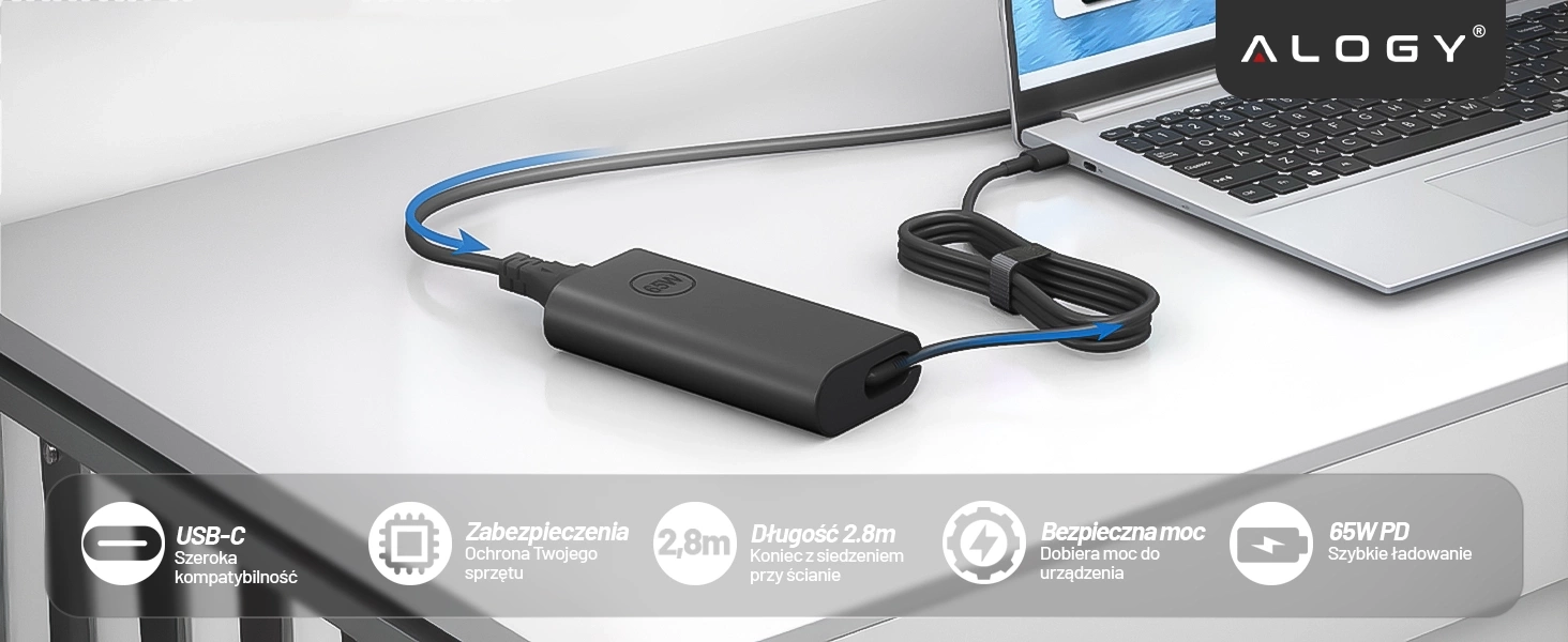 Zasilacz USB-C 65W PD Alogy PowerBoost™ – Szybkie ładowanie dla laptopów