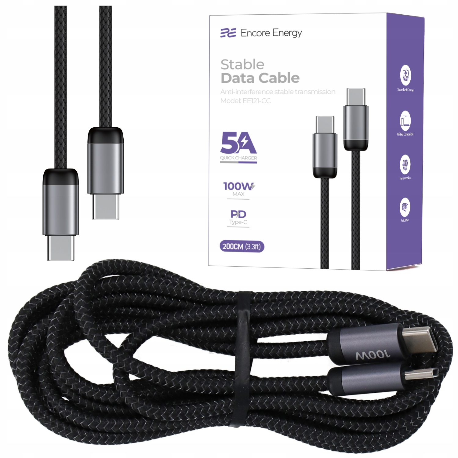 Kabel Encore Energy USB-C x2 5A QC PD 100W – Szybkie ładowanie i transfer danych