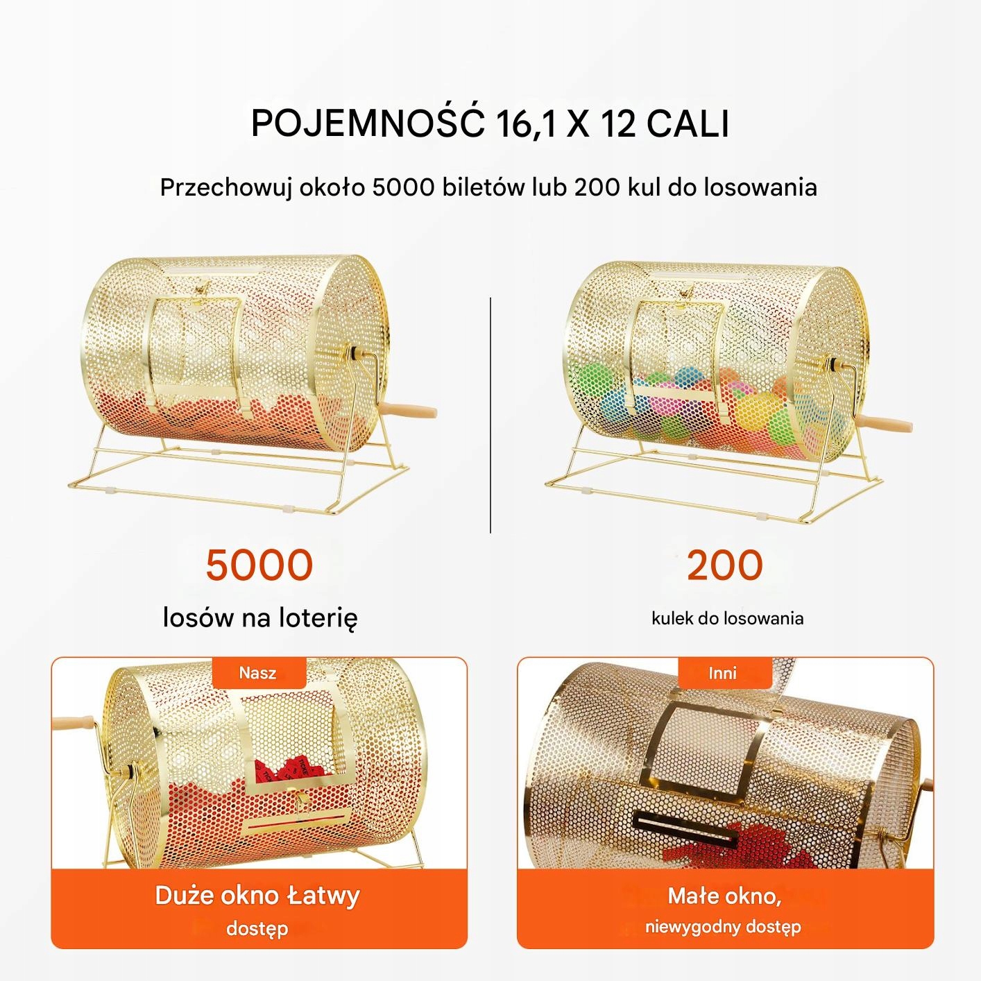 Pojemność do 5000 losów lub 200 kulek ping-pongowych