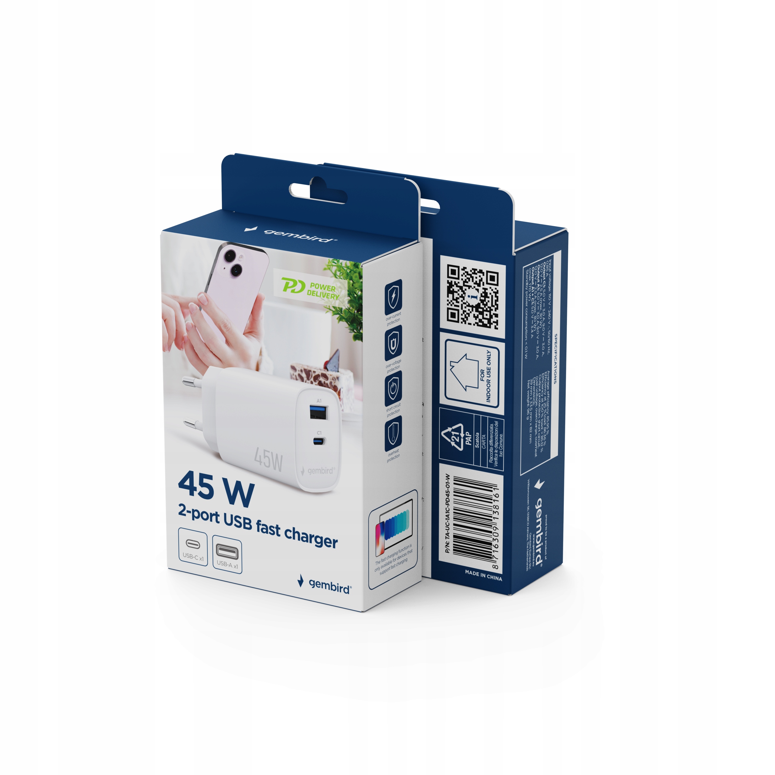 Szybka ładowarka USB 2-portowa 1xUSB-C + 1x USB-A 45 W biała – Wydajność i wygoda w jednym
