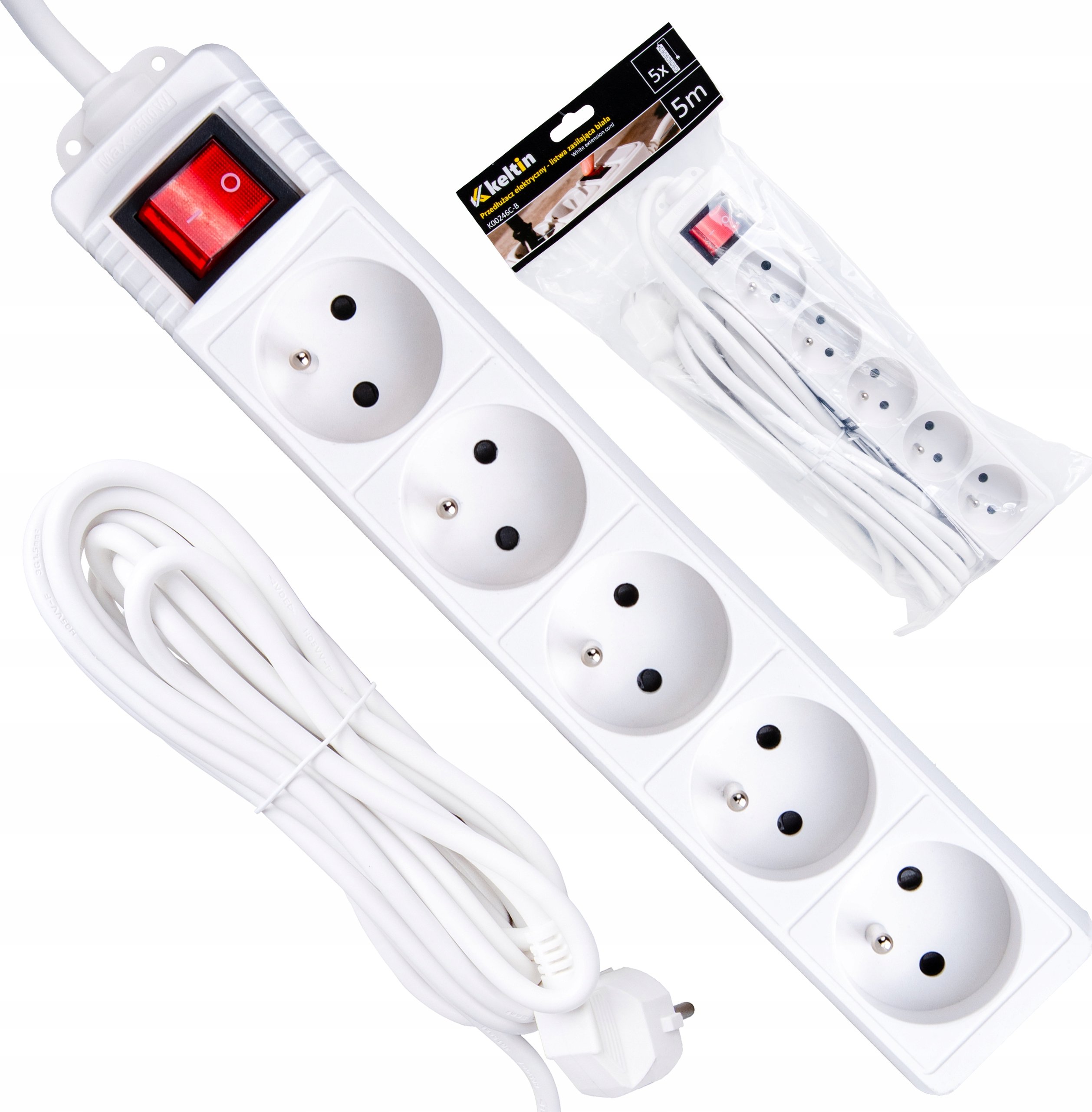 KELTIN Przedłużacz elektryczny – listwa zasilająca biała 5 gniazd 5m