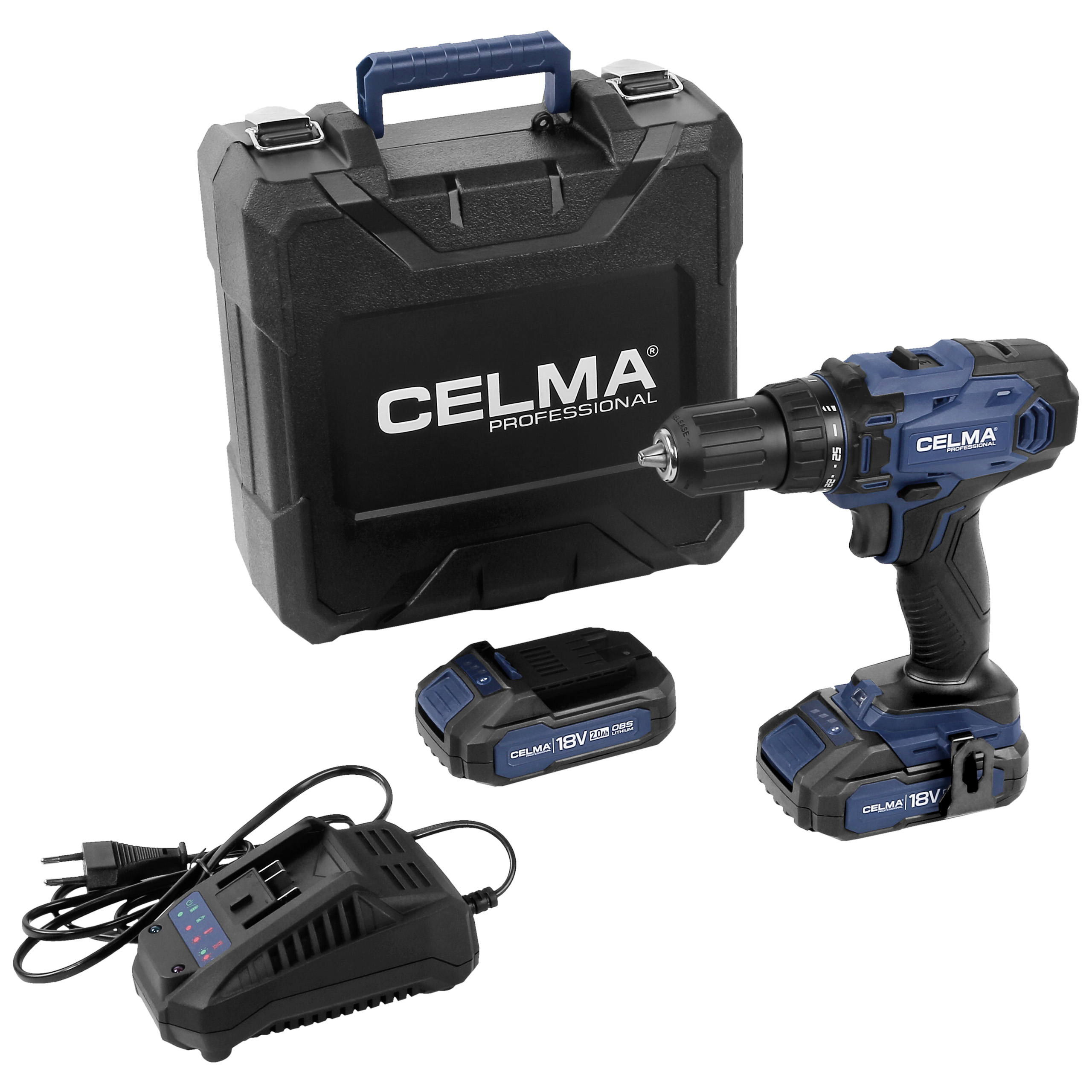 Elementy zestawu: wkrętarka, 2 akumulatory, ładowarka, walizka