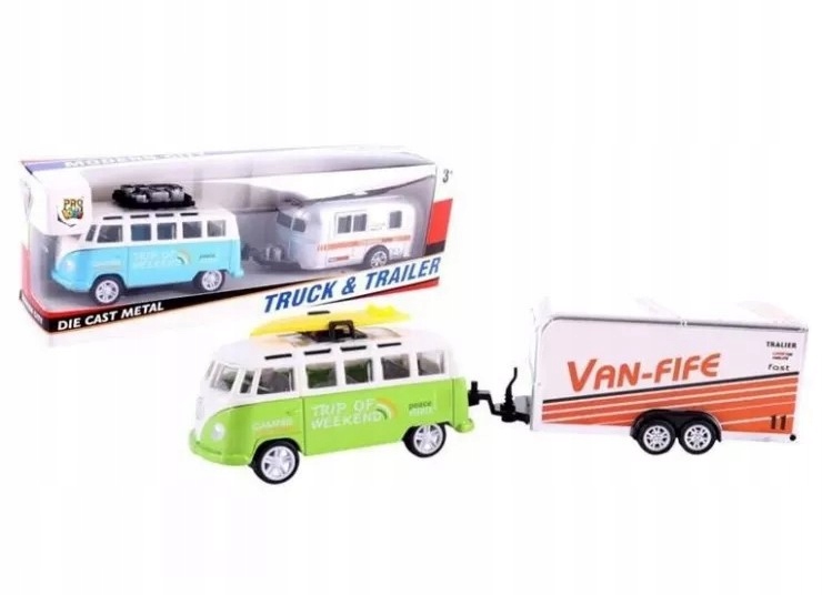 Zawartość zestawu: metalowy kamper i plastikowa przyczepa