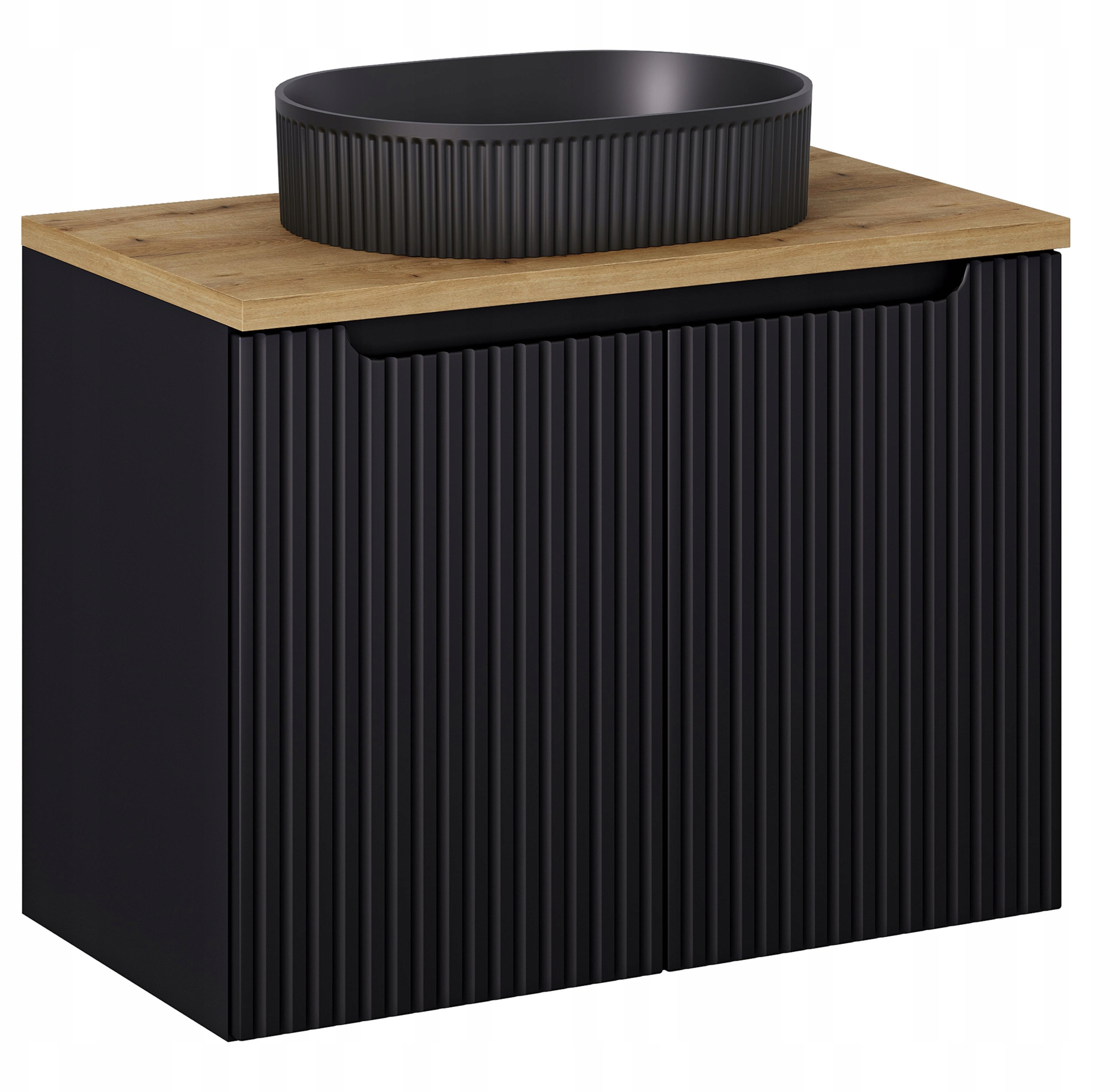 CZARNA RYFLOWANA szafka łazienkowa NOVA BLACK z umywalką i blatem OAK 80 cm – Elegancja i funkcjonalność w Twojej łazience