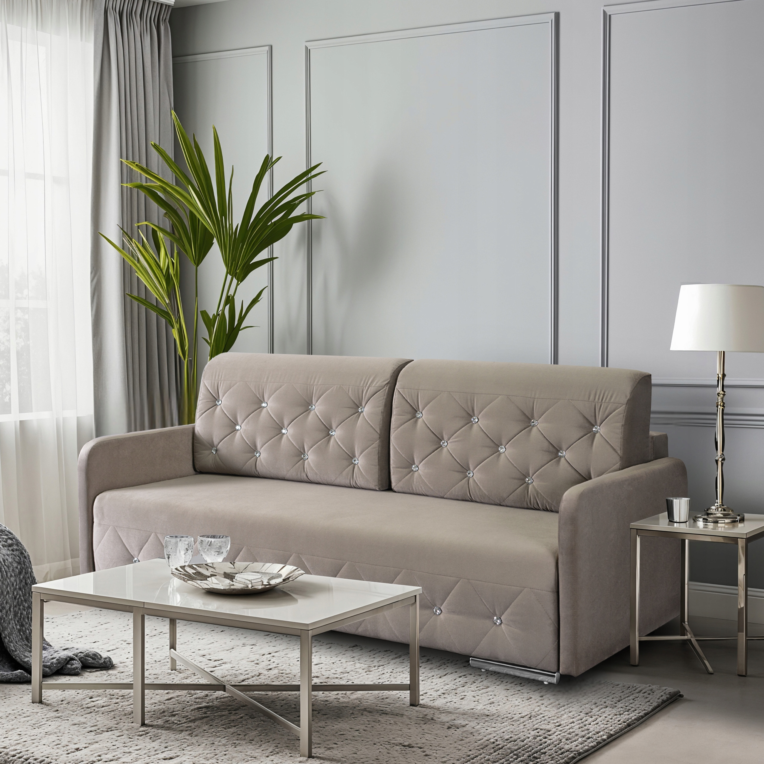 Sofa Kanapa Rozkładana z Funkcją Spania Wersalka Glamour Beżowa VIVO – Komfort i styl w Twoim wnętrzu