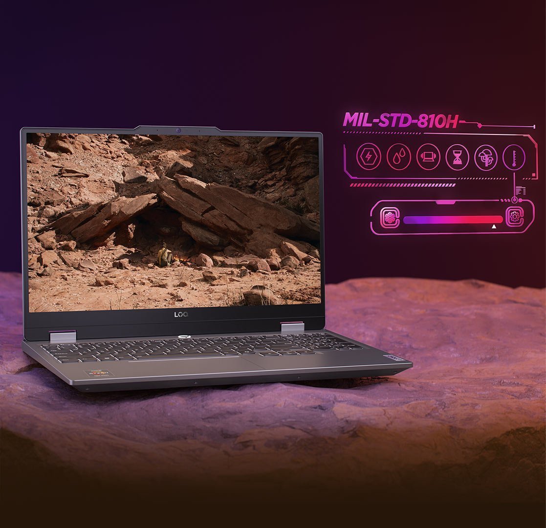 Otwarty laptop LOQ 15ARP9 stojący na kamiennej płycie, na ekranie tapeta pokazująca skały