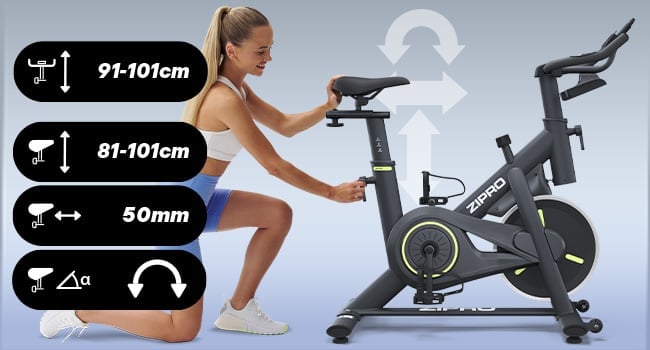 Rower spinningowy ZIPRO Modo - reguklacja wysokośći (82-102cm), wychylenie (w zakresie 50mm) i kąta siodełka