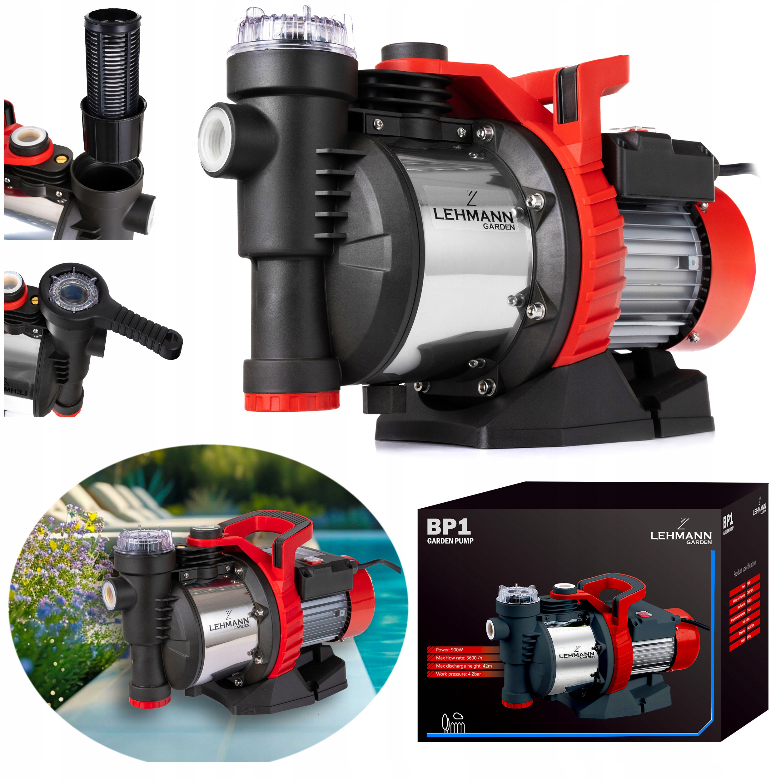 Wydajna Pompa do Wody Ssąco Tłocząca 3600l/h Ogrodowa z Filtrem Wody 900W