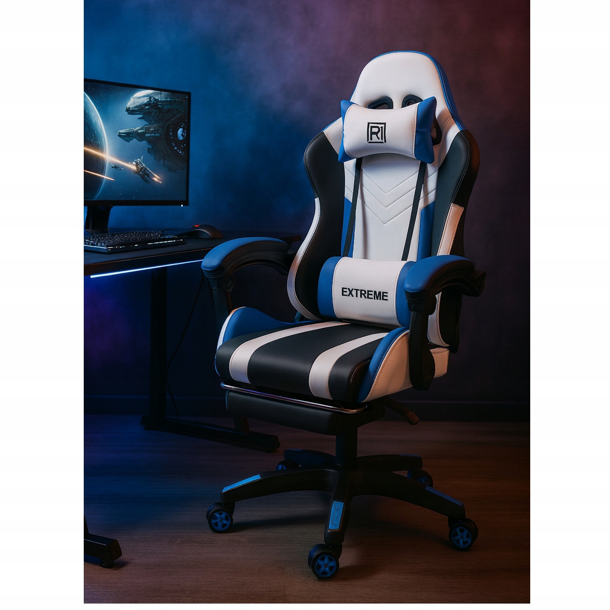 Fotel Gamingowy z Podnóżkiem EXTREME R1 Blue – Komfort i Styl w Twoim Biurze