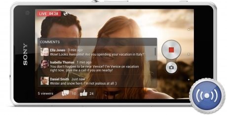 Telefon Xperia Z1 Compact wyposażono w funkcję Social live umożliwiającą transmitowanie na żywo wydarzeń na portalu społecznościowym Facebook.