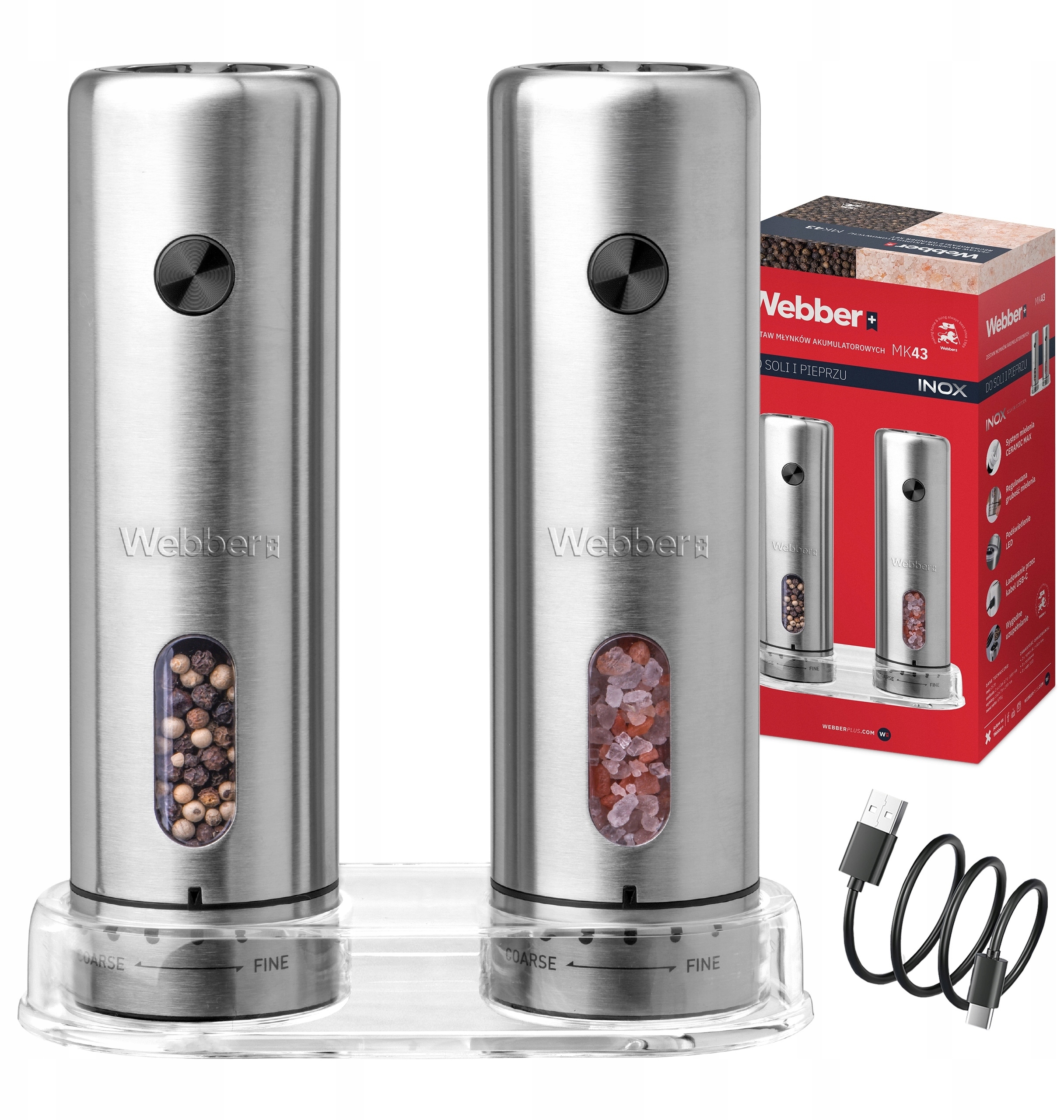 Młynek do pieprzu i soli elektryczny akumulatorowy USB 2 szt. INOX Webber – Elegancja i funkcjonalność w Twojej kuchni