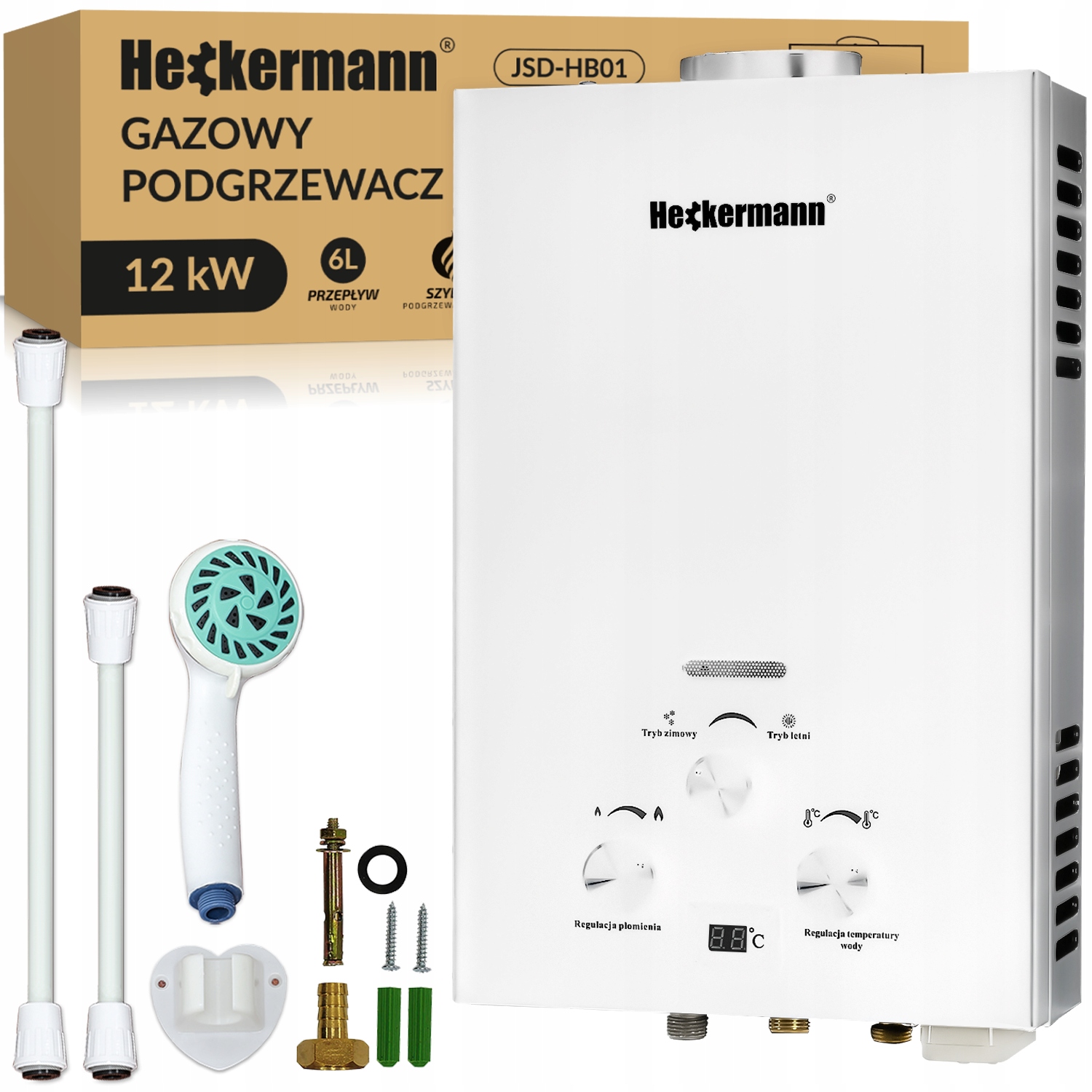 Przepływowy podgrzewacz wody Heckermann Gazowy podgrzewacz wody gazowy Heckermann JSD-HB01 6L NG – Wydajność i komfort w Twoim domu