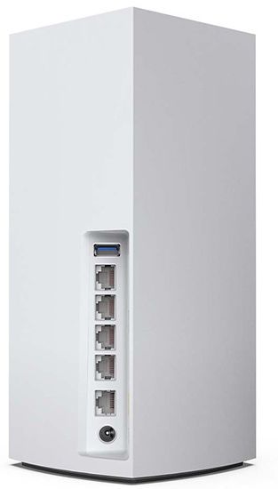 Equipped with four Gigabit-Ethernet ports and a USB 3.0 port Back of the Linksys MX10600 Velop Whole Home Mesh WiFi 6 (AX) System