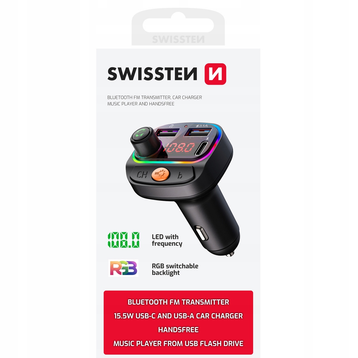 Swissten RGB Bluetooth FM Transmitter z 2x USB / USB-C – Nowoczesne rozwiązanie audio w Twoim samochodzie