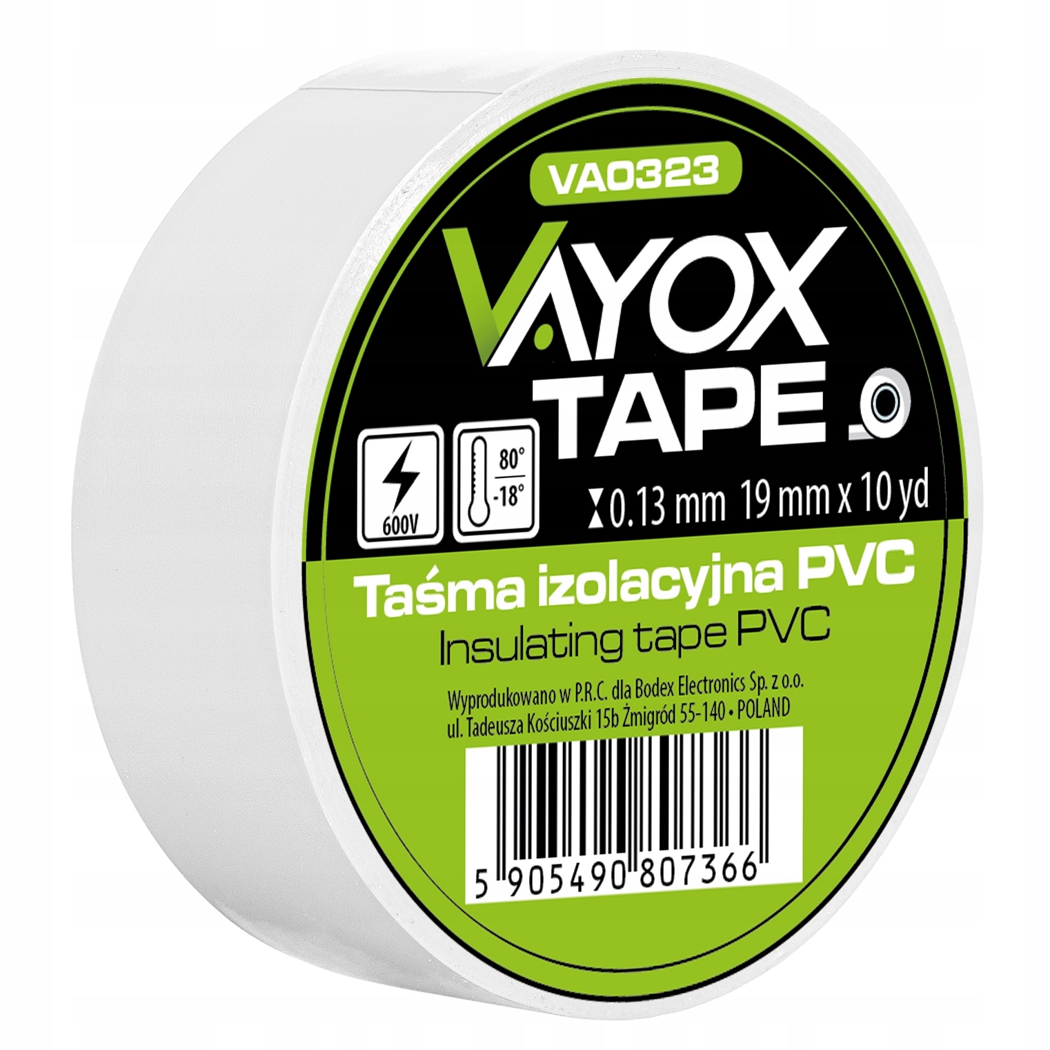 Taśma izolacyjna PVC 19mm x 10yd biała VA0323 Vayox – Niezawodna ochrona elektryczna